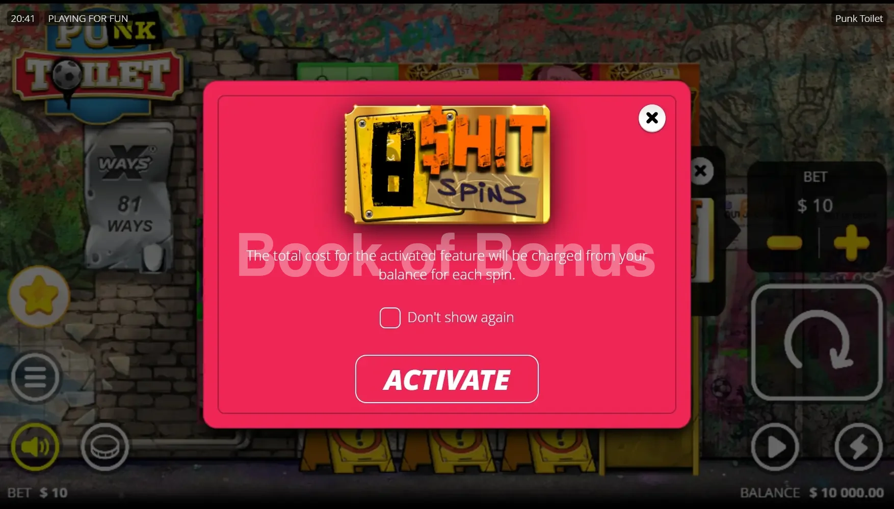 Punk Toilet par Nolimit City - menu d'achat de bonus et options