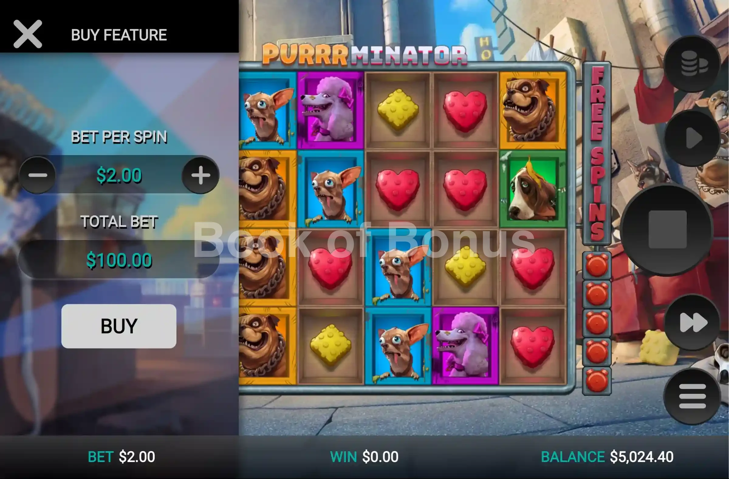 Purrrminator par Relax Gaming - menu d'achat de bonus et options
