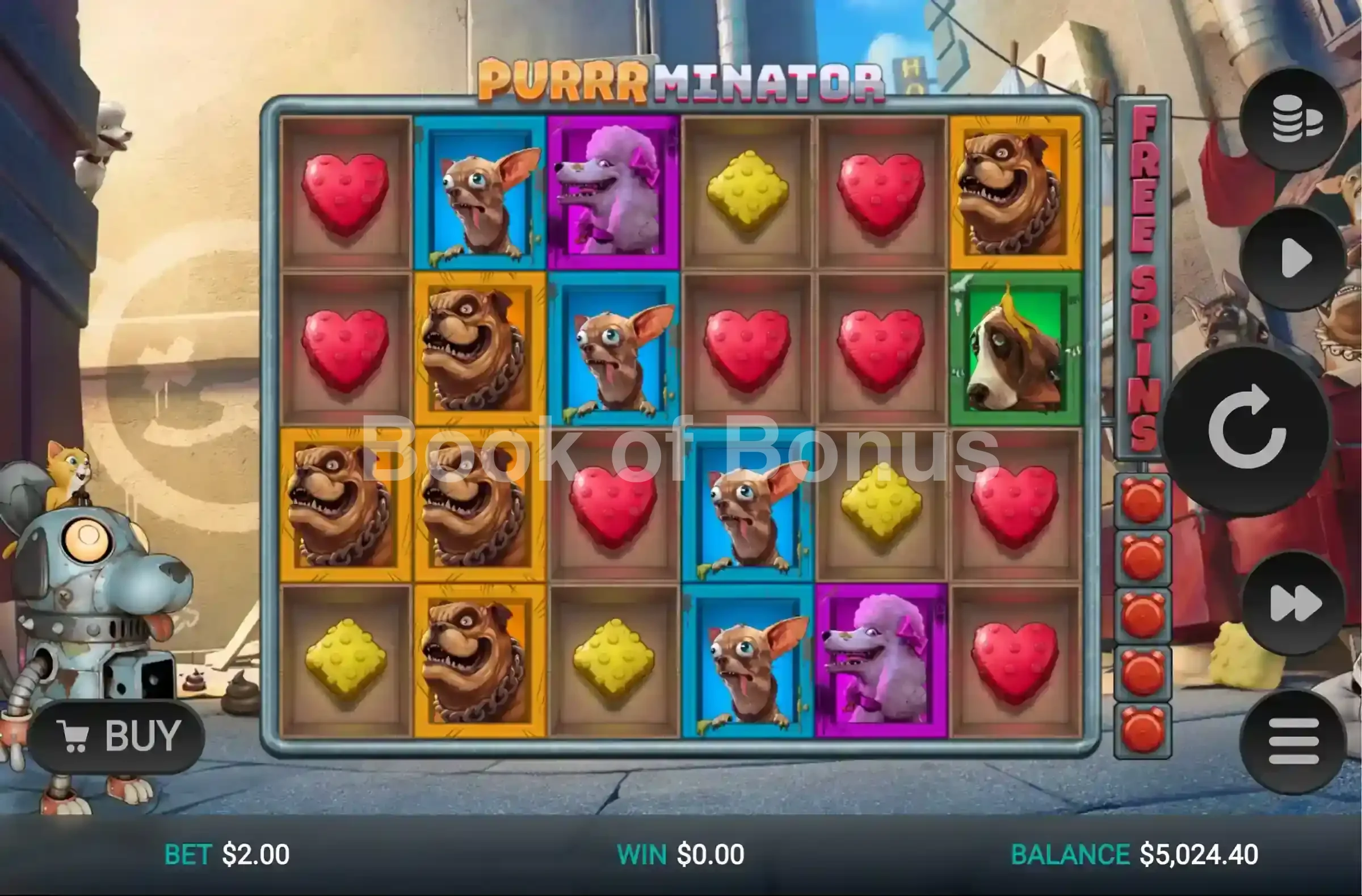 Purrrminator par Relax Gaming - jeu de base et disposition des rouleaux