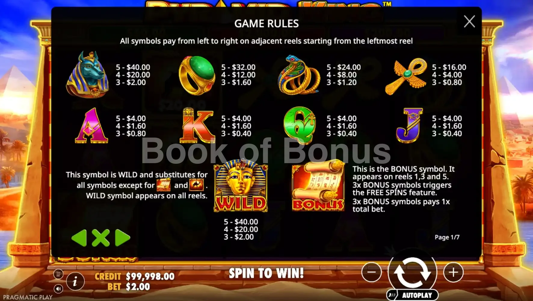 Pyramid King par Pragmatic Play - table des gains et valeurs des symboles
