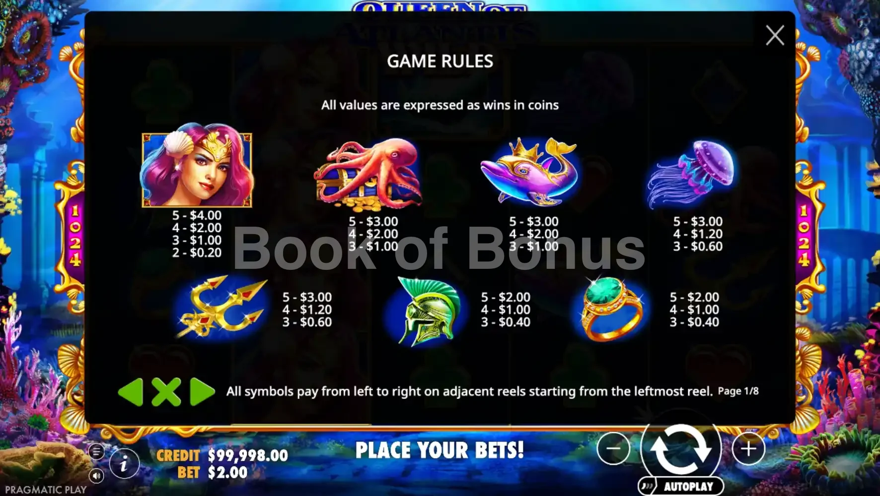 Queen of Atlantis par Pragmatic Play - table des gains et valeurs des symboles
