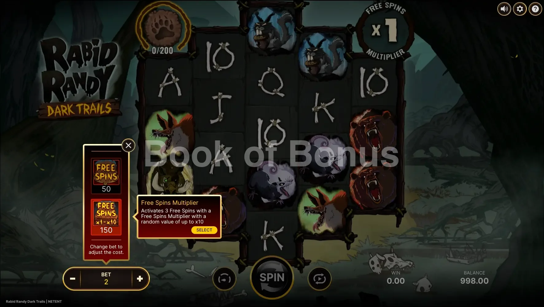 Rabid Randy Dark Trails par NetEnt - menu d'achat de bonus et options