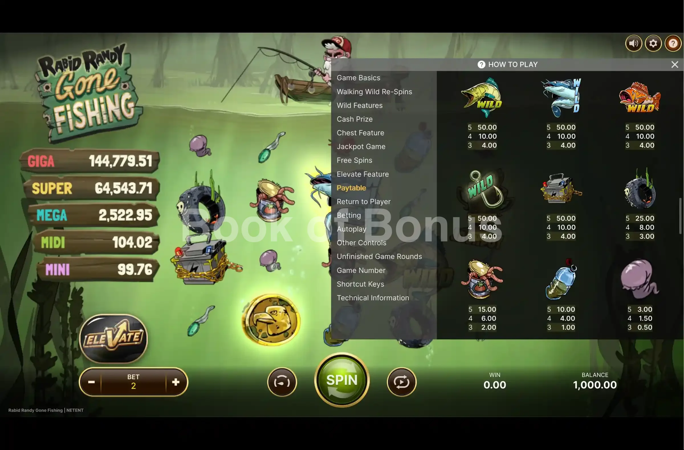 Rabid Randy Gone Fishing par NetEnt - table des gains et valeurs des symboles