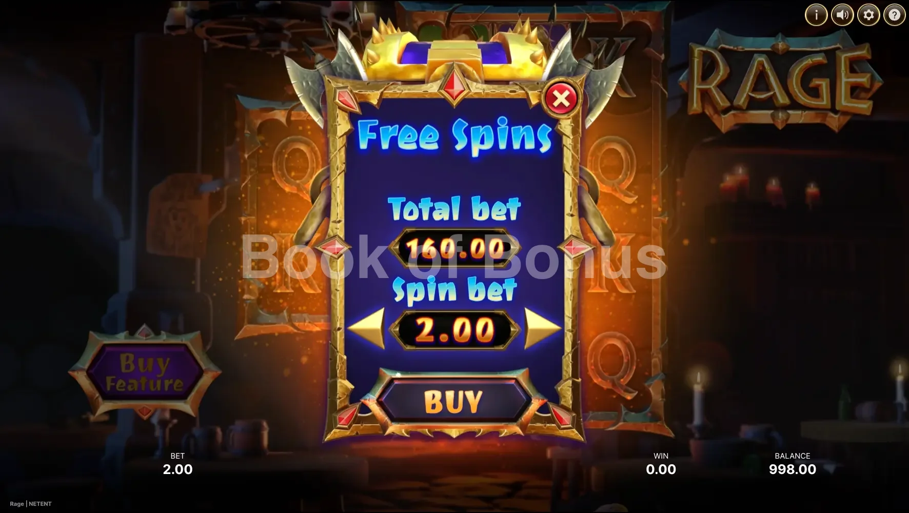 Rage par NetEnt - menu d'achat de bonus et options