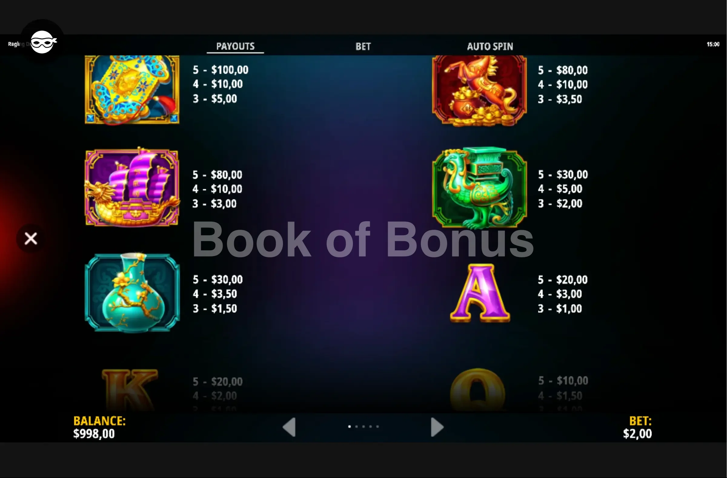 Raging Dragons par iSoftBet - table des gains et valeurs des symboles
