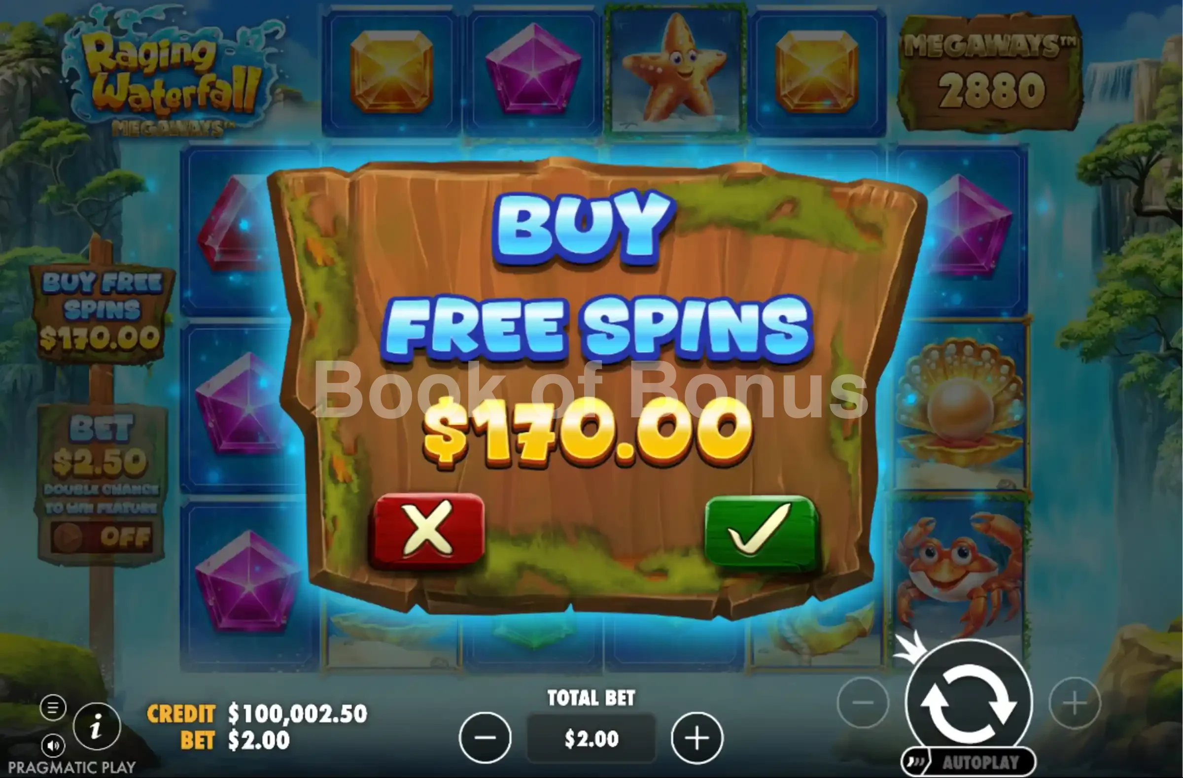 Raging Waterfall Megaways par Pragmatic Play - menu d'achat de bonus et options
