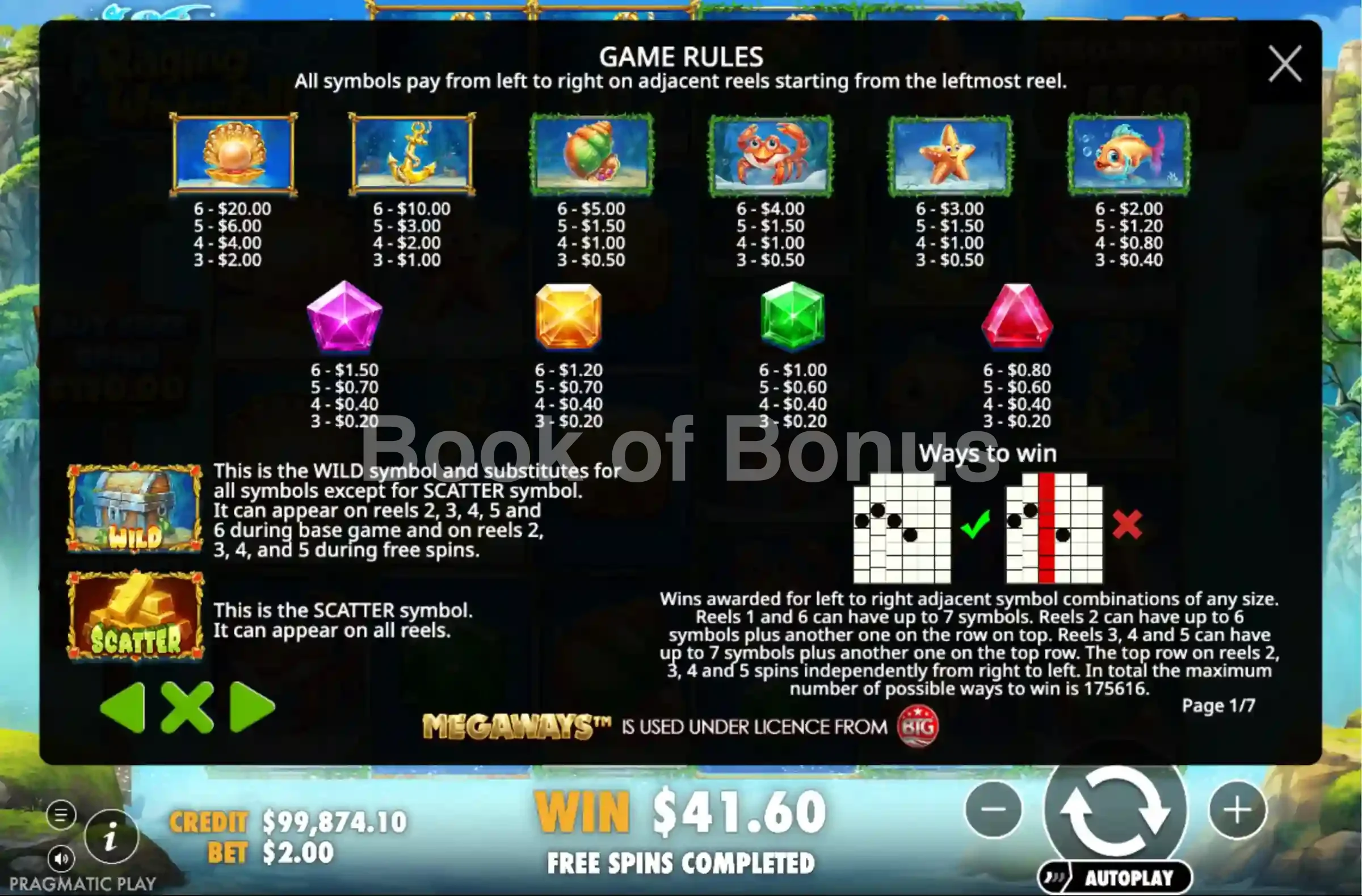Raging Waterfall Megaways par Pragmatic Play - table des gains et valeurs des symboles