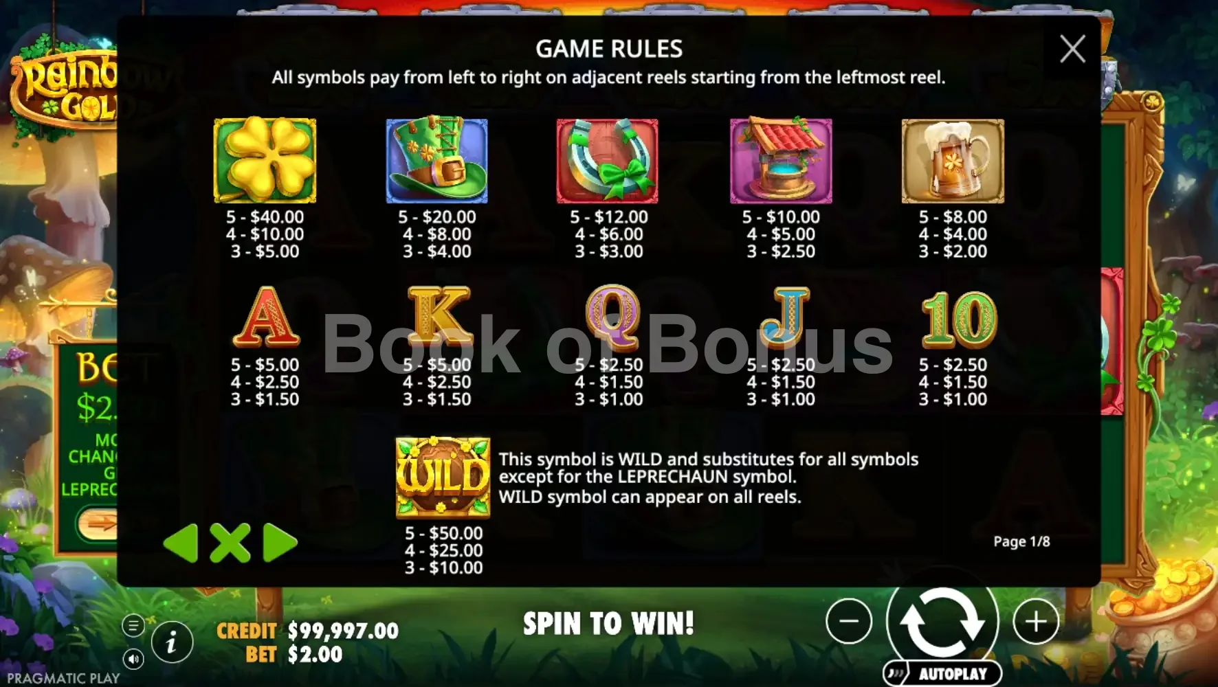 Rainbow Gold par Pragmatic Play - table des gains et valeurs des symboles