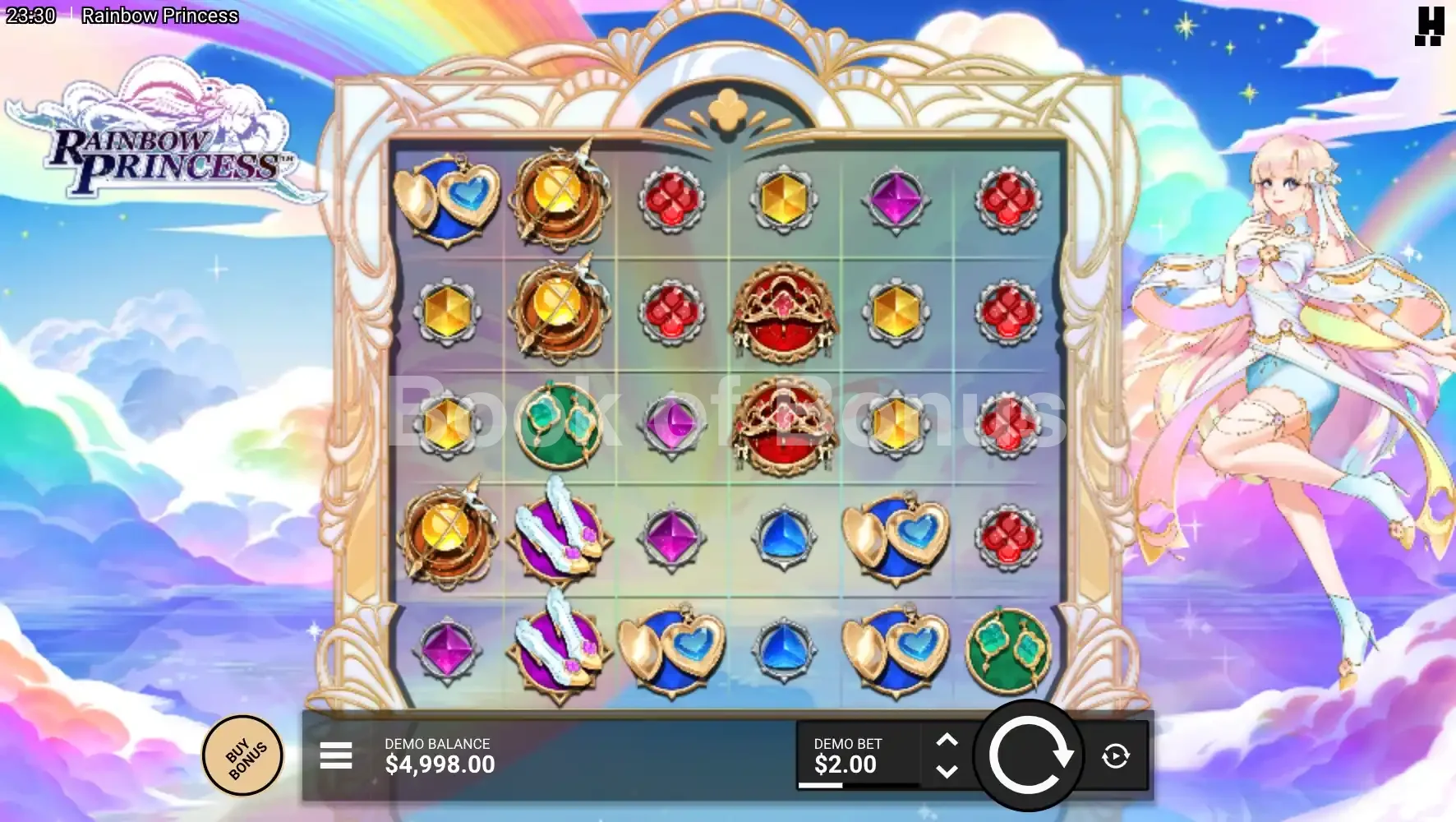 Rainbow Princess par Hacksaw Gaming - jeu de base et disposition des rouleaux