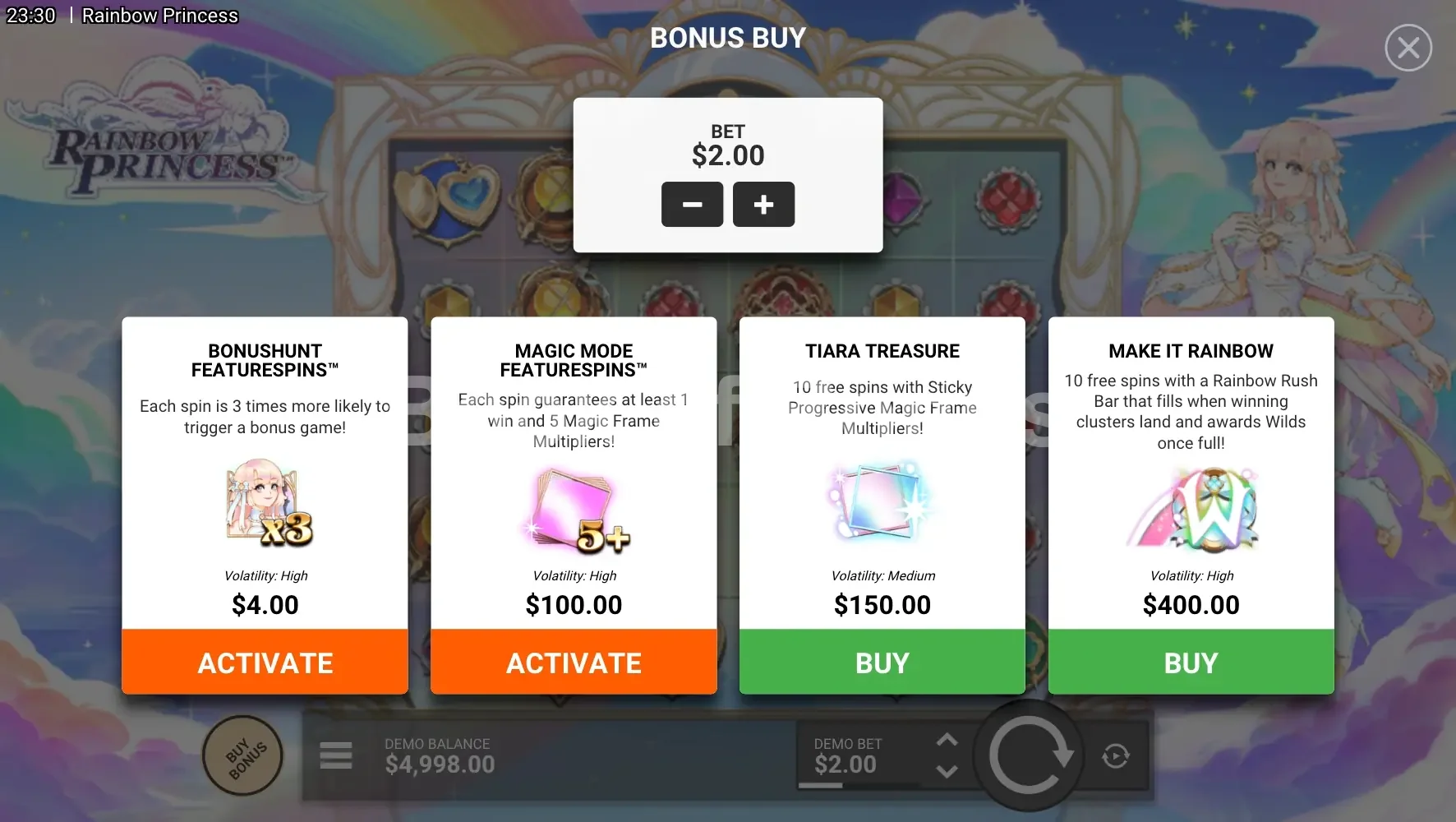 Rainbow Princess par Hacksaw Gaming - menu d'achat de bonus et options