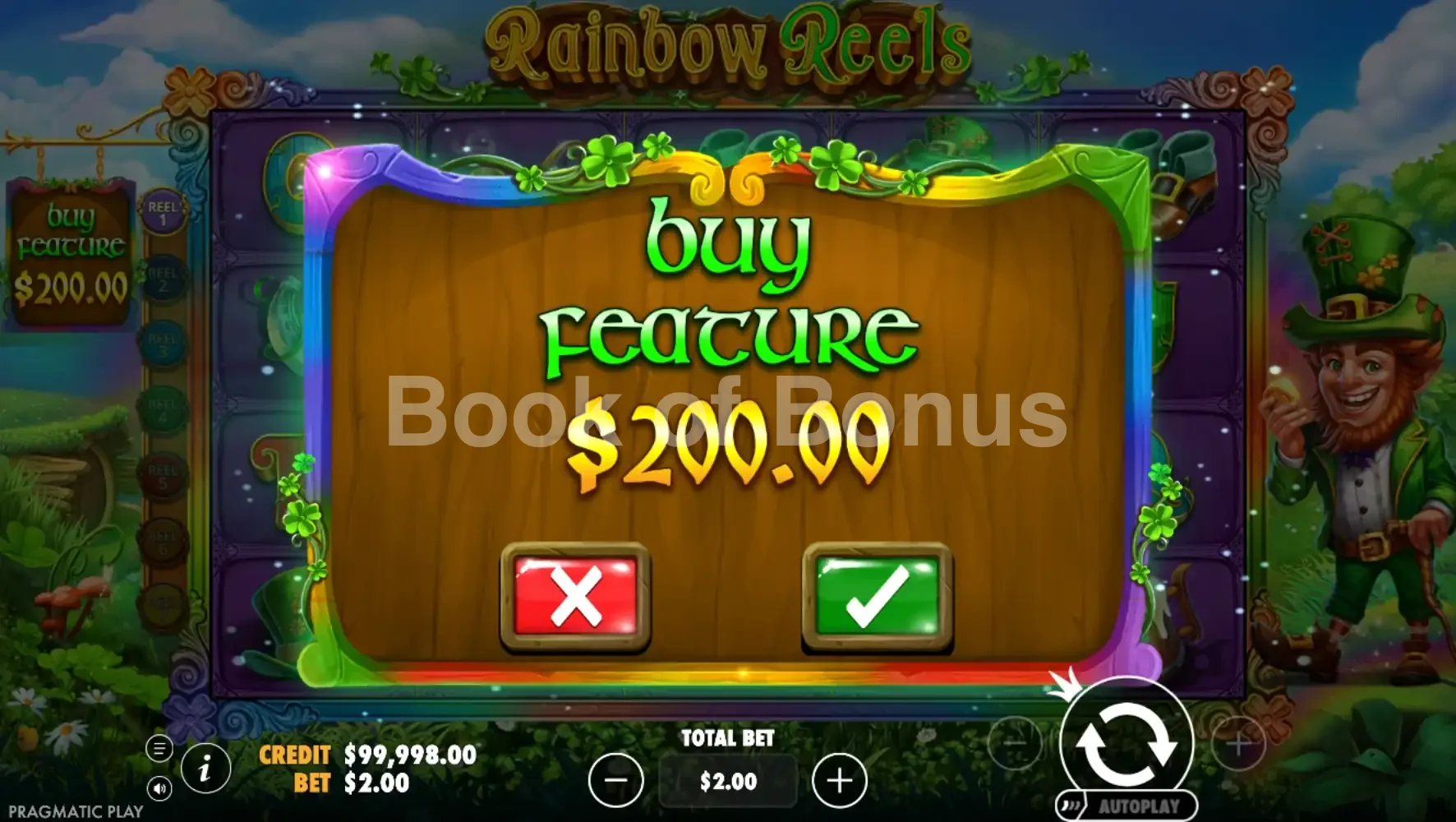 Rainbow Reels par Pragmatic Play - menu d'achat de bonus et options