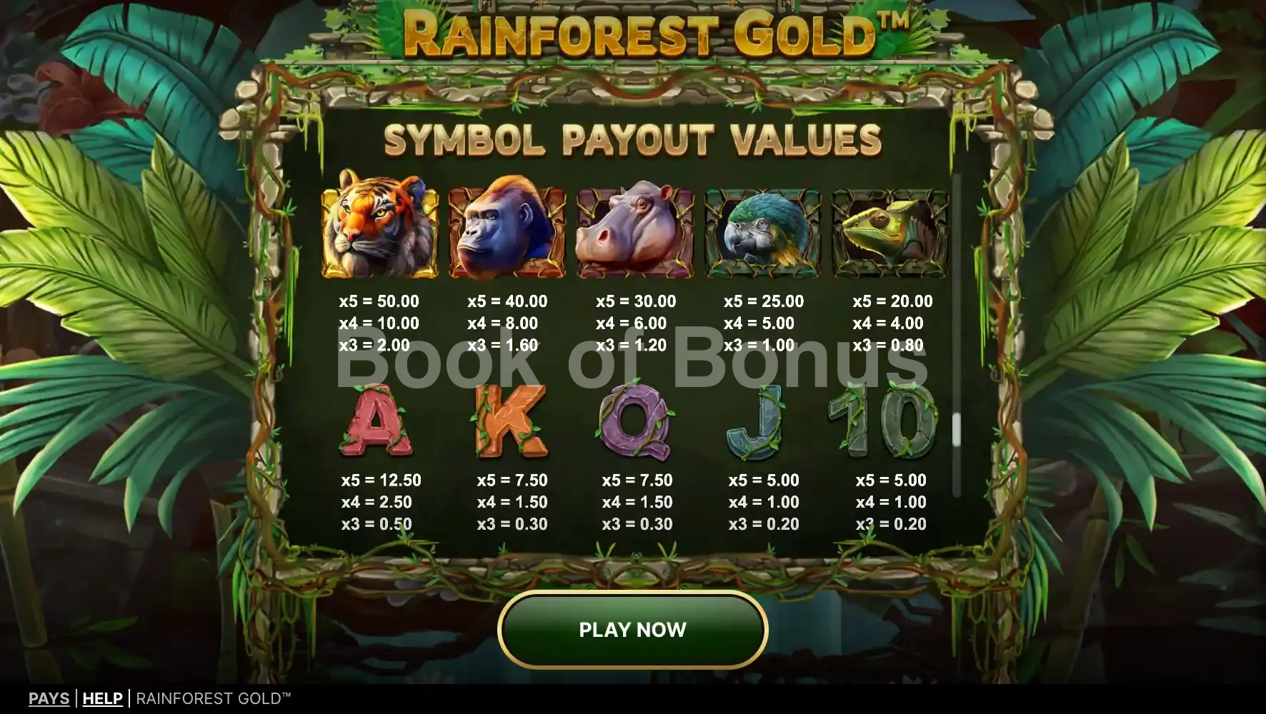 Tableau des gains Rainforest Gold