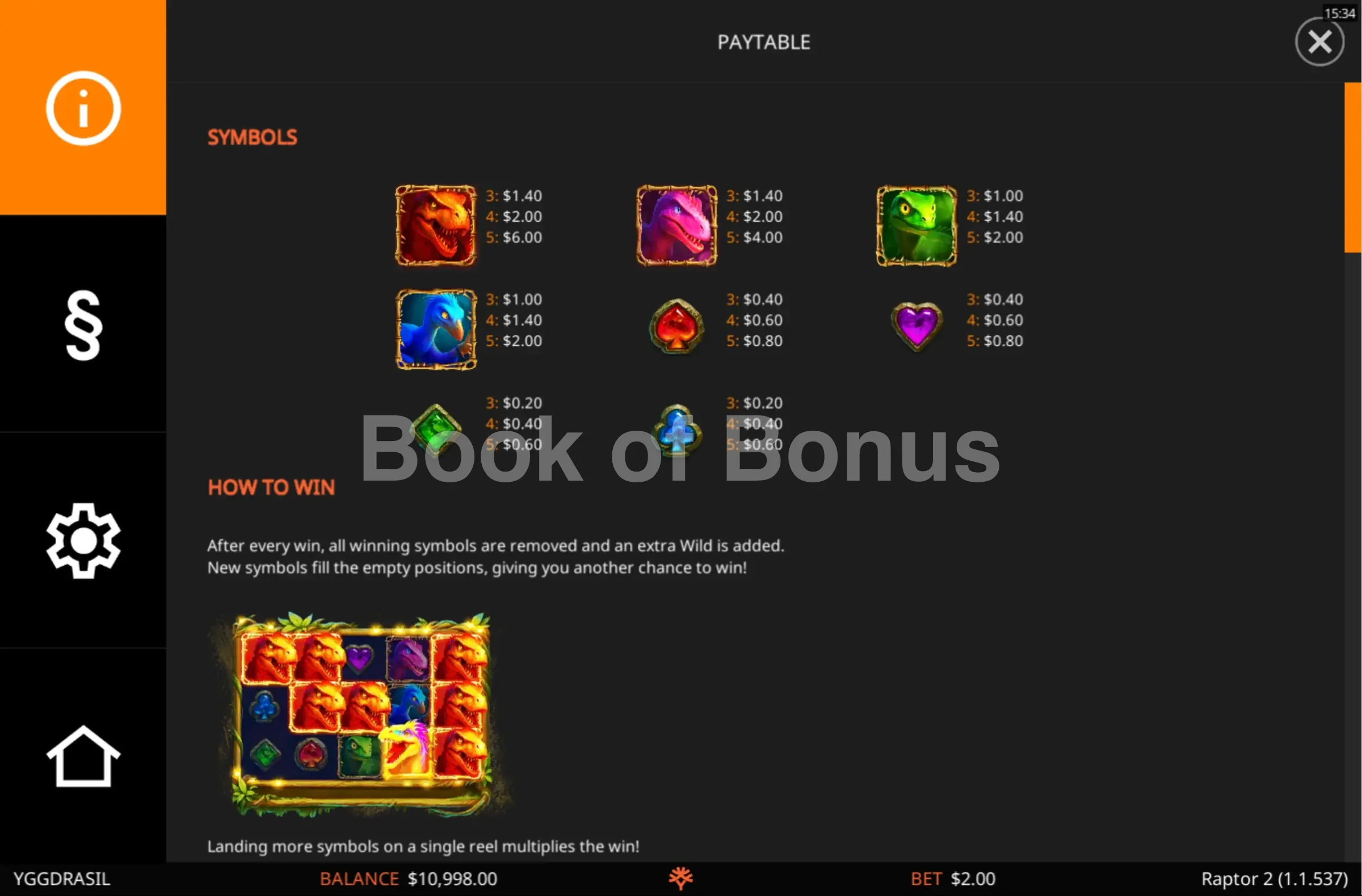 Raptor 2 par Yggdrasil - table des gains et valeurs des symboles