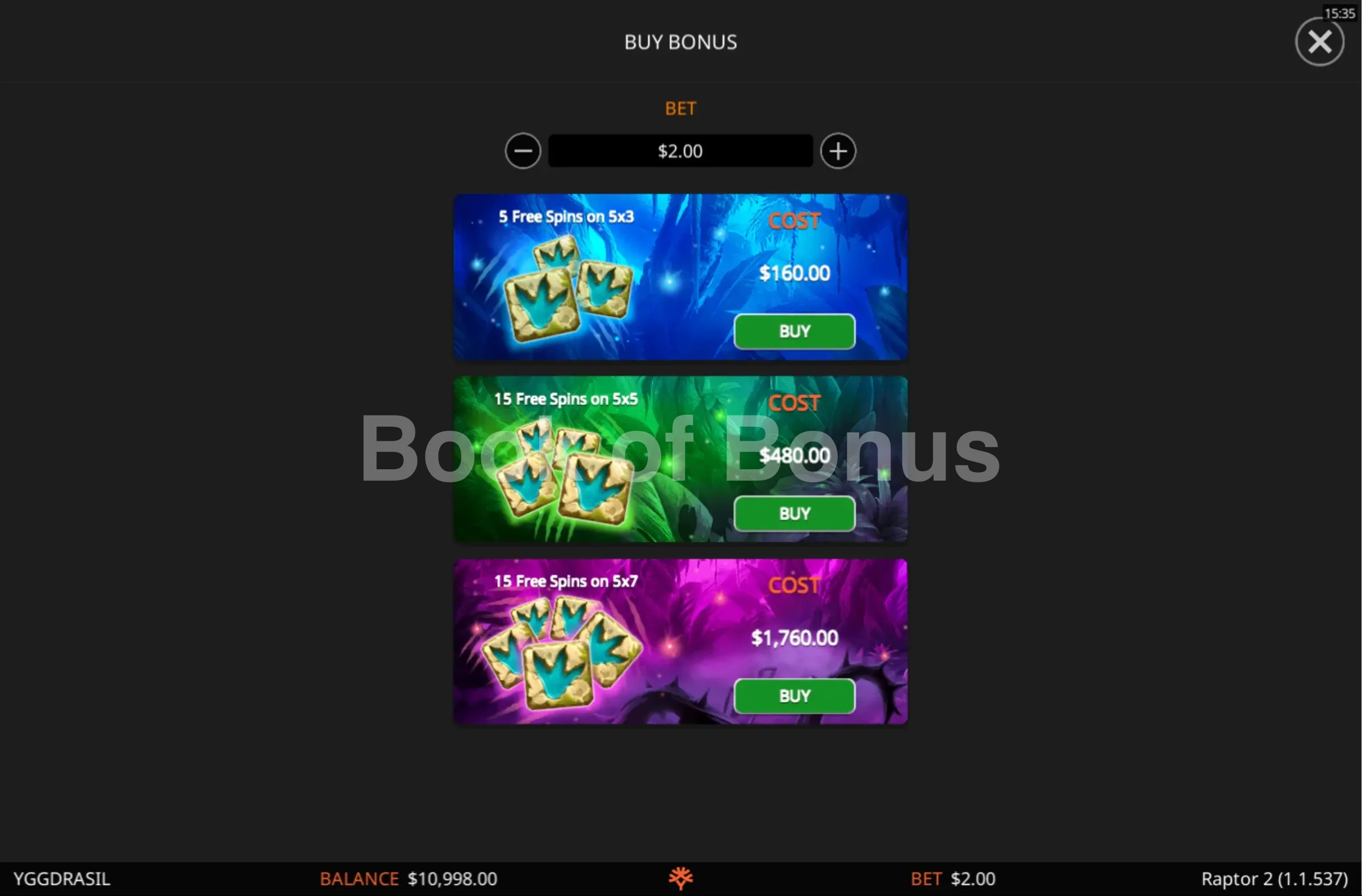 Raptor 2 par Yggdrasil - menu d'achat de bonus et options