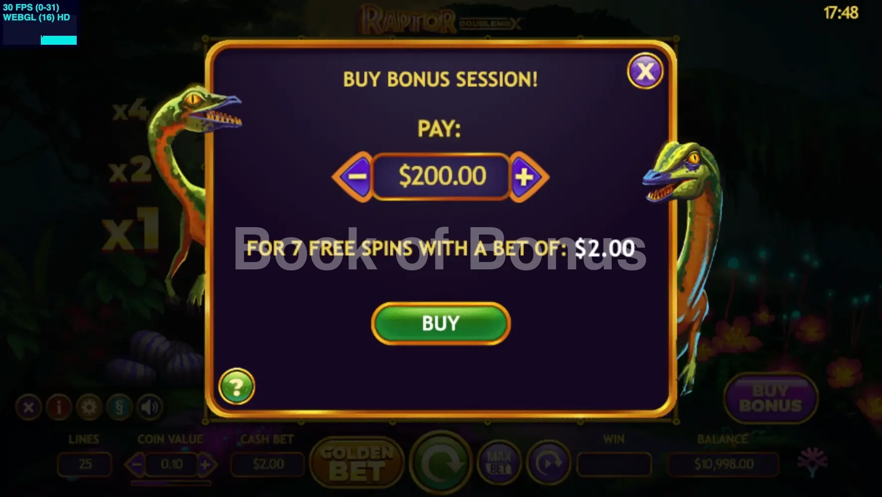 Raptor DoubleMax par Yggdrasil - menu d'achat de bonus et options