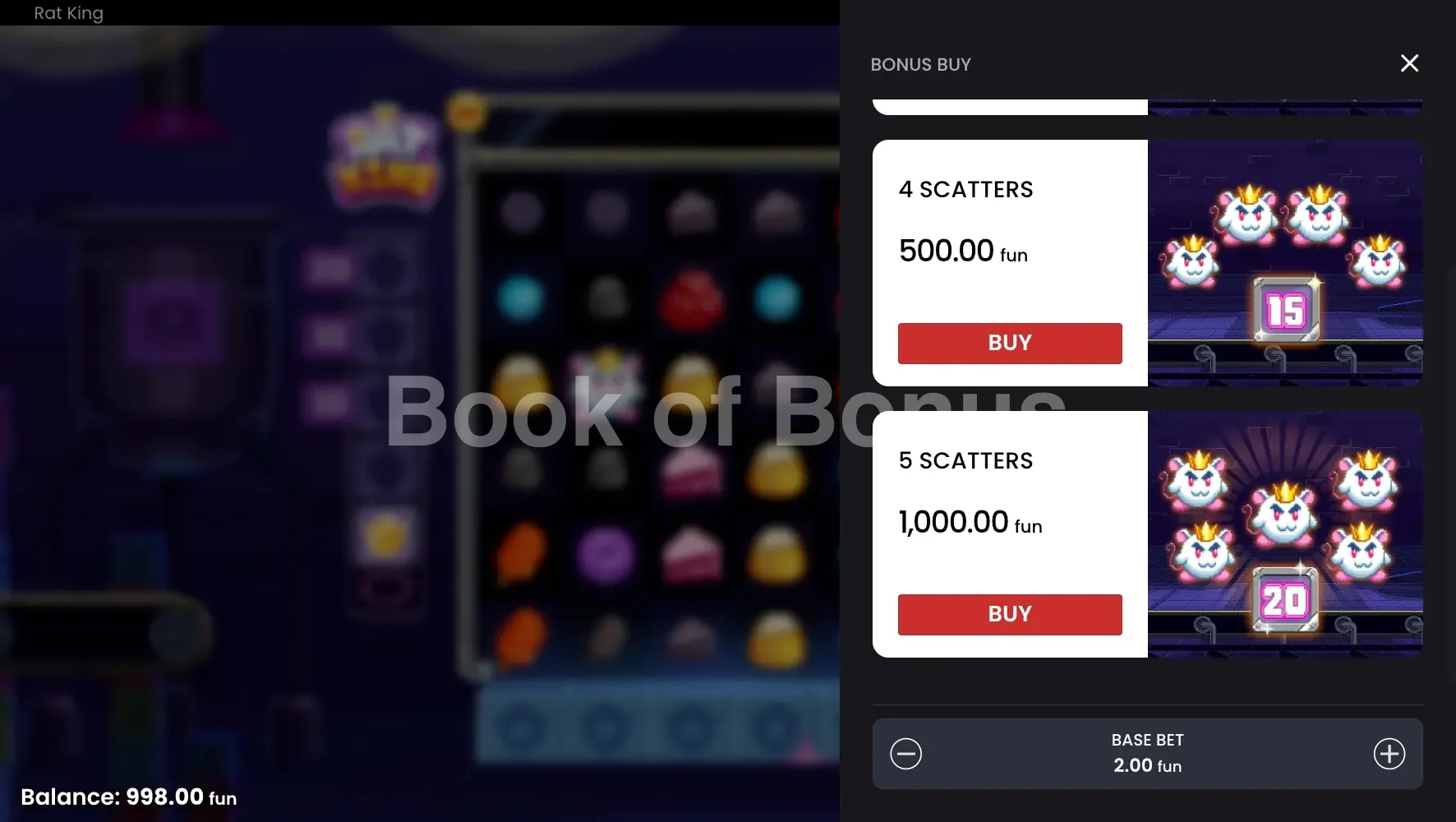Rat King par Push Gaming - menu d'achat de bonus et options