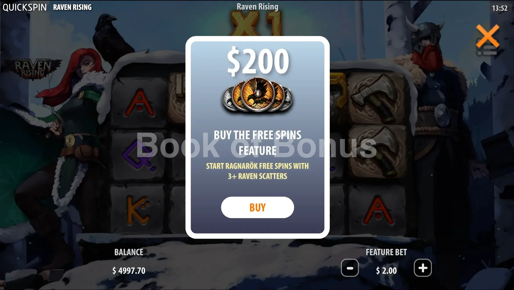 Raven Rising par Quickspin - menu d'achat de bonus et options