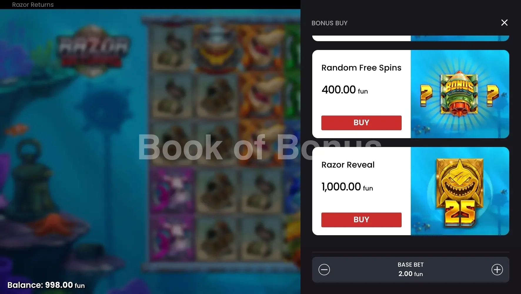 Razor Returns par Push Gaming - menu d'achat de bonus et options