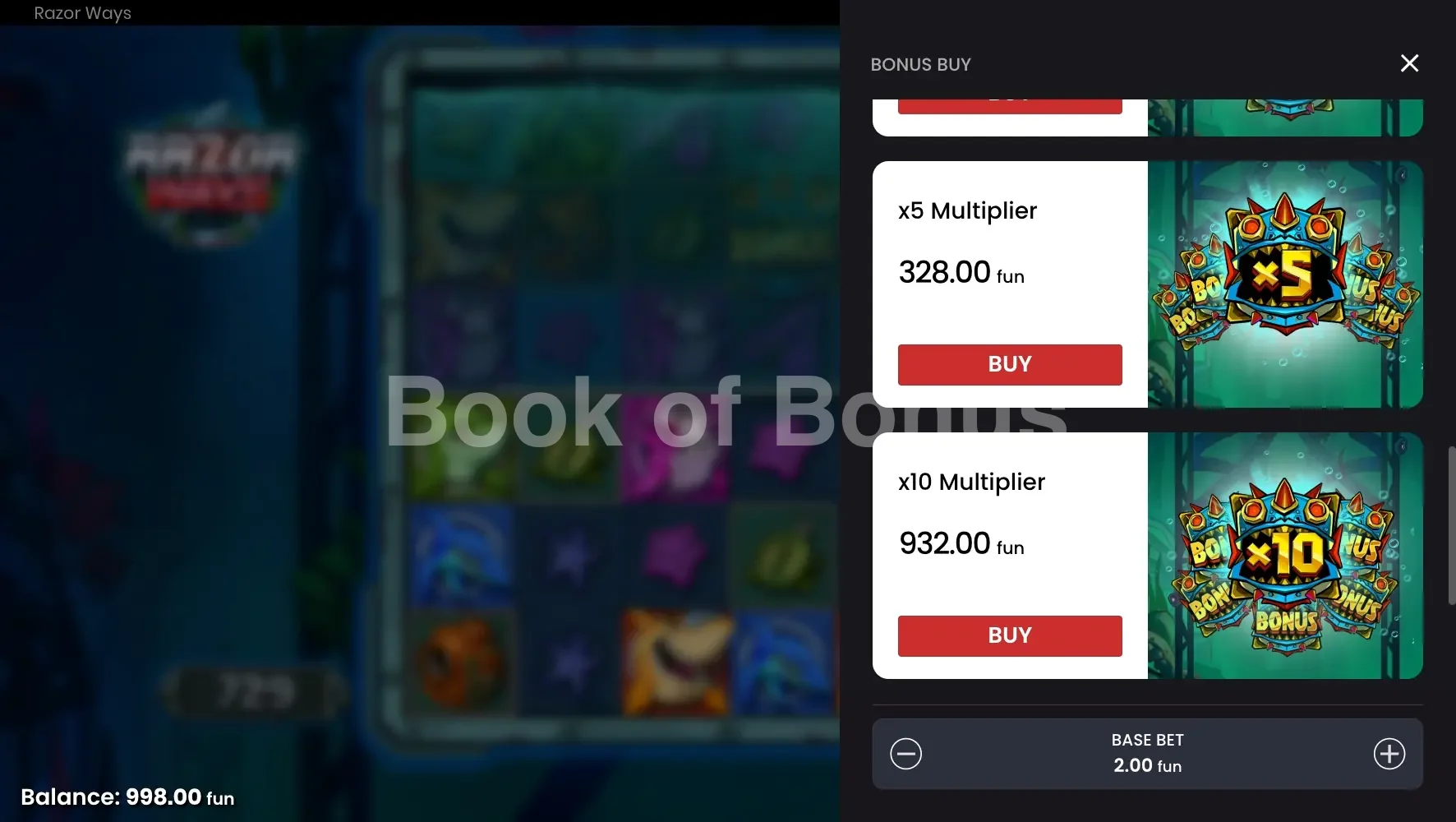 Razor Ways par Push Gaming - menu d'achat de bonus et options