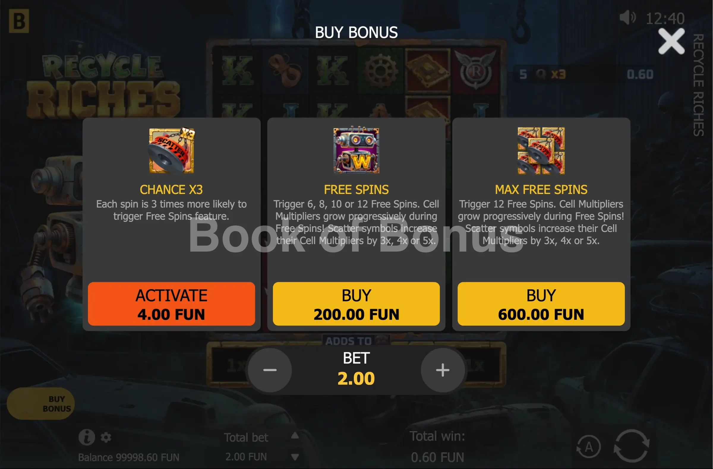 Recycle Riches par BGaming - menu d'achat de bonus et options
