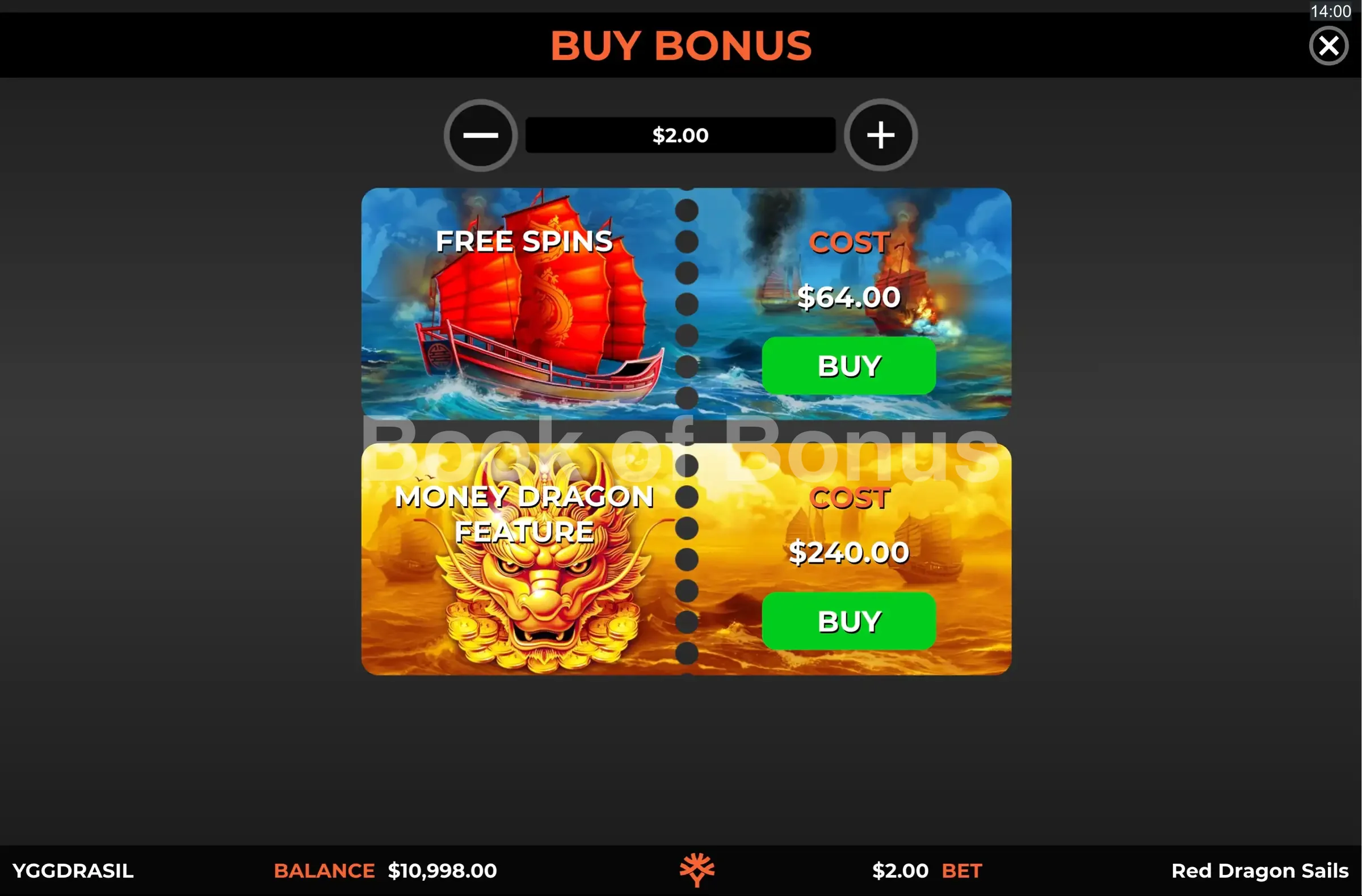 Red Dragon Sails par Yggdrasil - menu d'achat de bonus et options