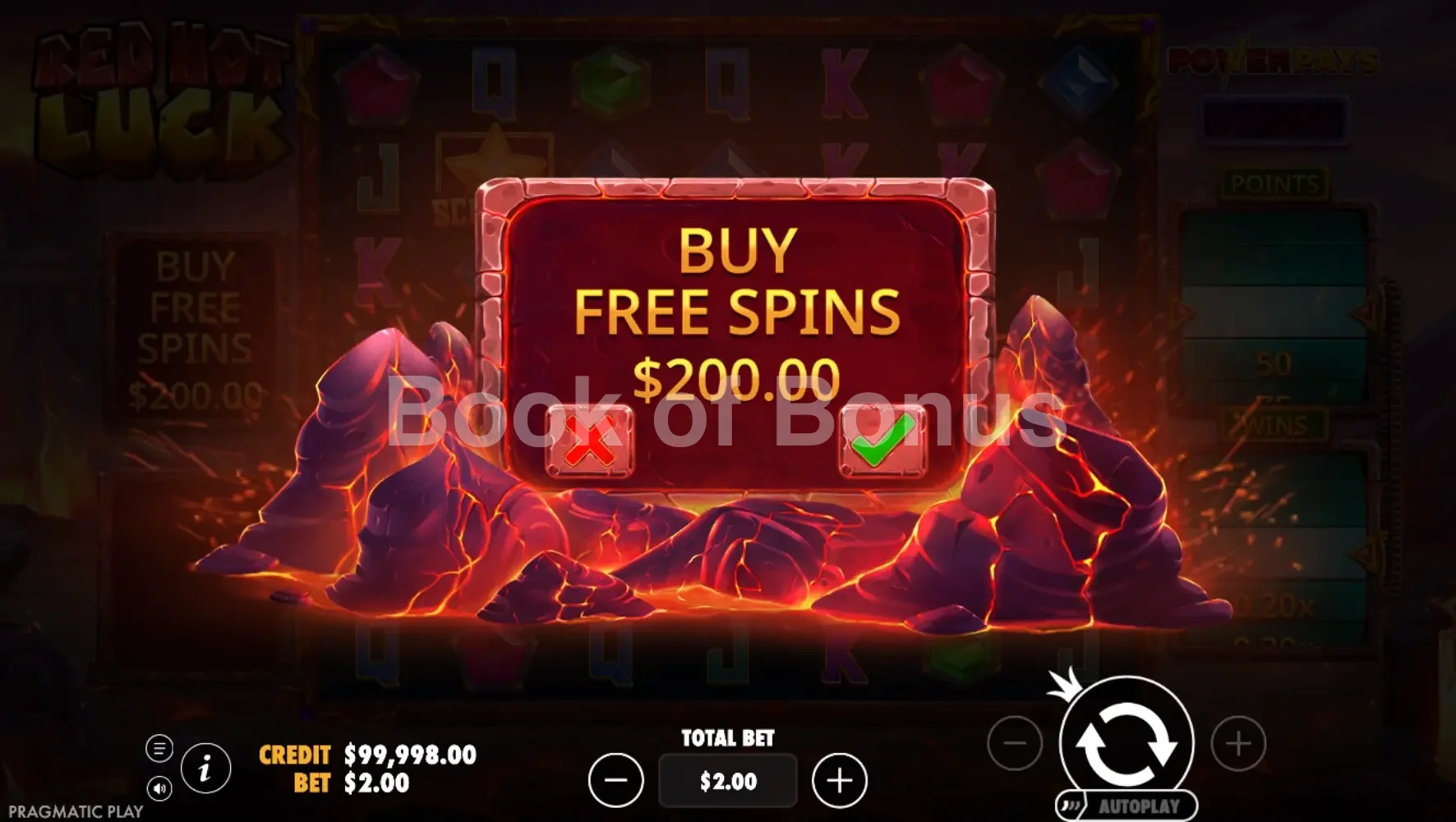 Red Hot Luck par Pragmatic Play - menu d'achat de bonus et options