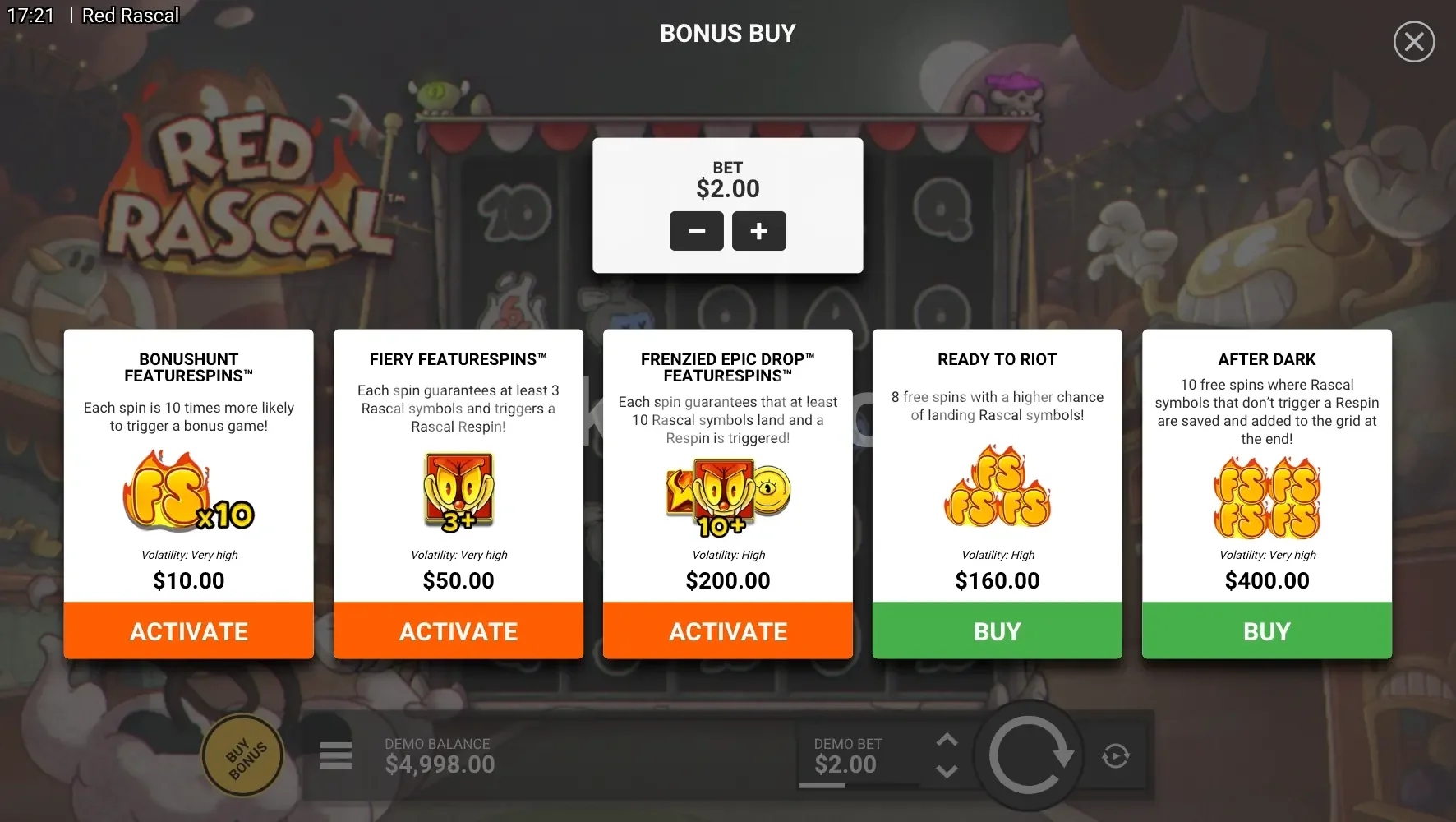 Achat de bonus Red Rascal