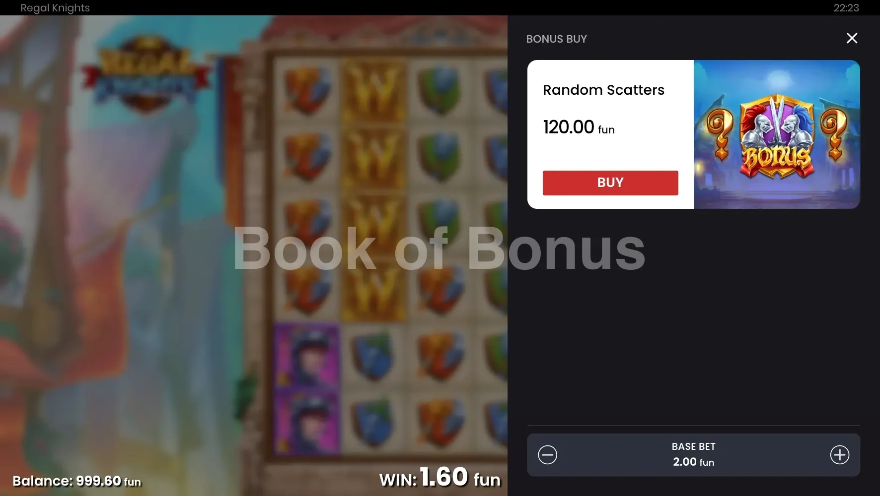 Regal Knights par Push Gaming - menu d'achat de bonus et options