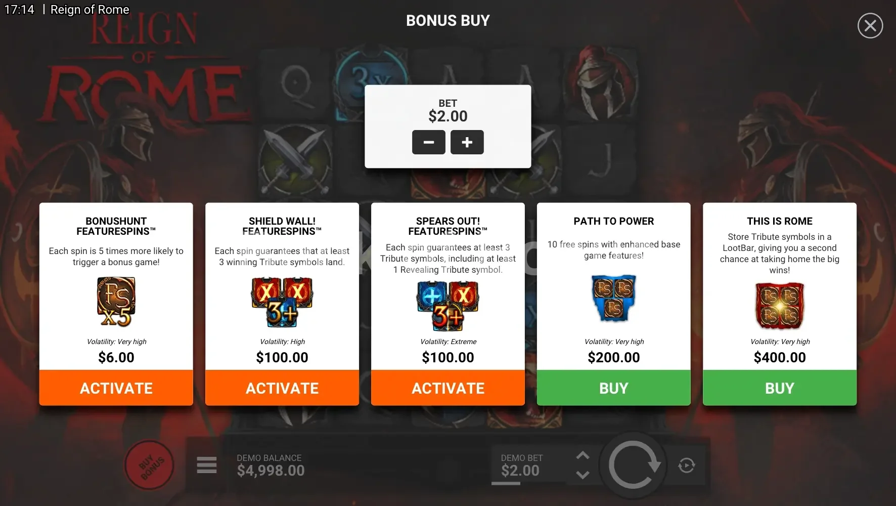 Reign of Rome par Hacksaw Gaming - menu d'achat de bonus et options