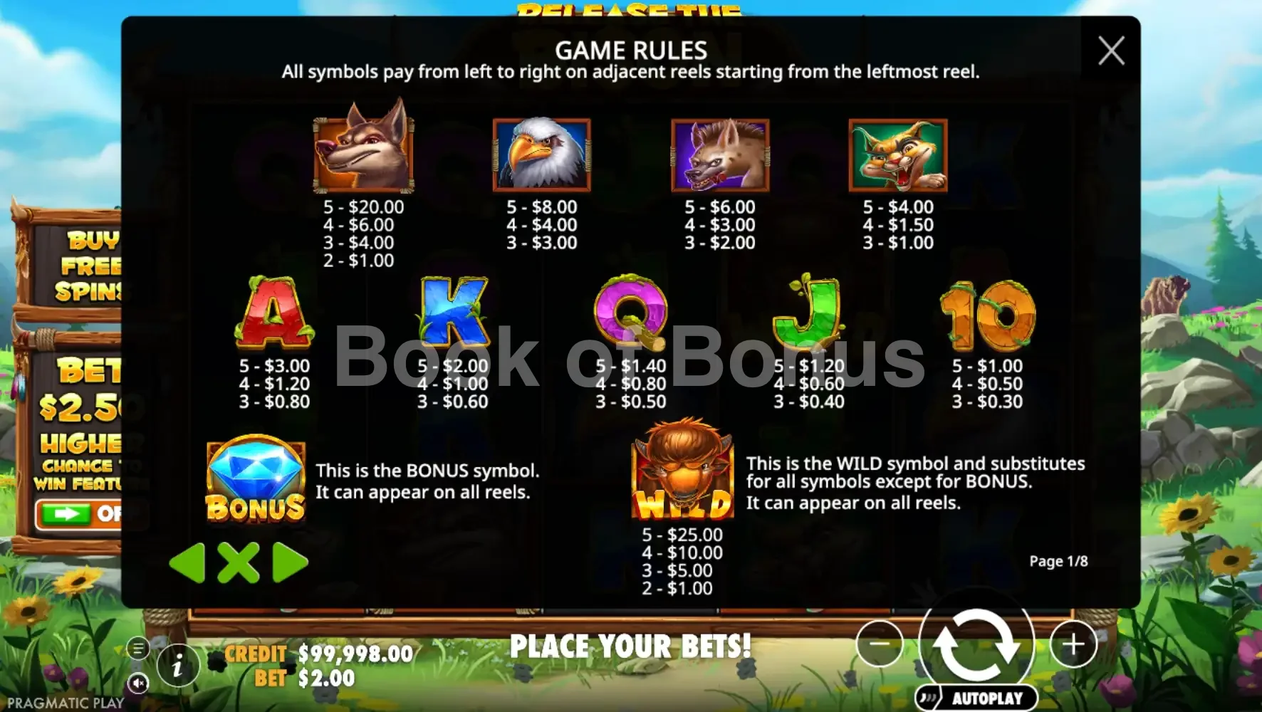 Release the Bison par Pragmatic Play - table des gains et valeurs des symboles