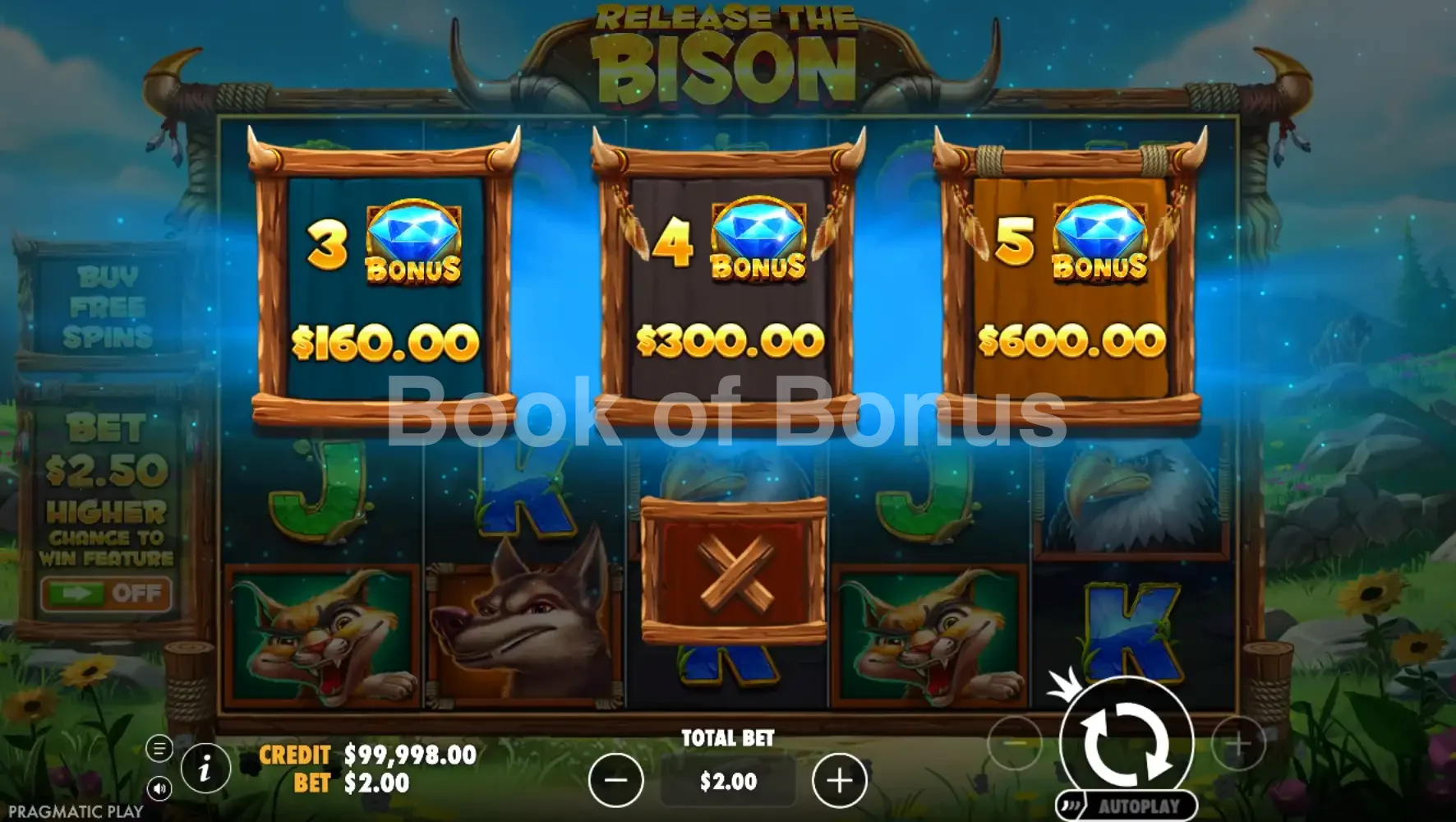 Release the Bison par Pragmatic Play - menu d'achat de bonus et options