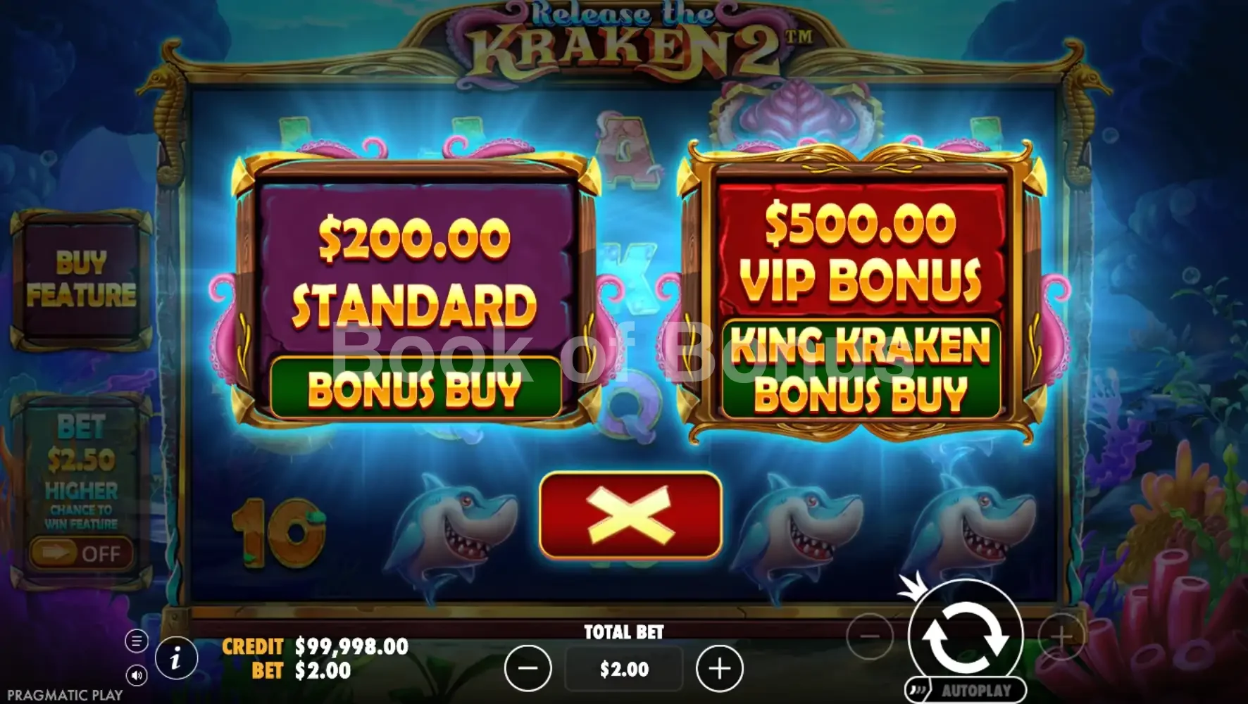 Release the Kraken 2 par Pragmatic Play - menu d'achat de bonus et options