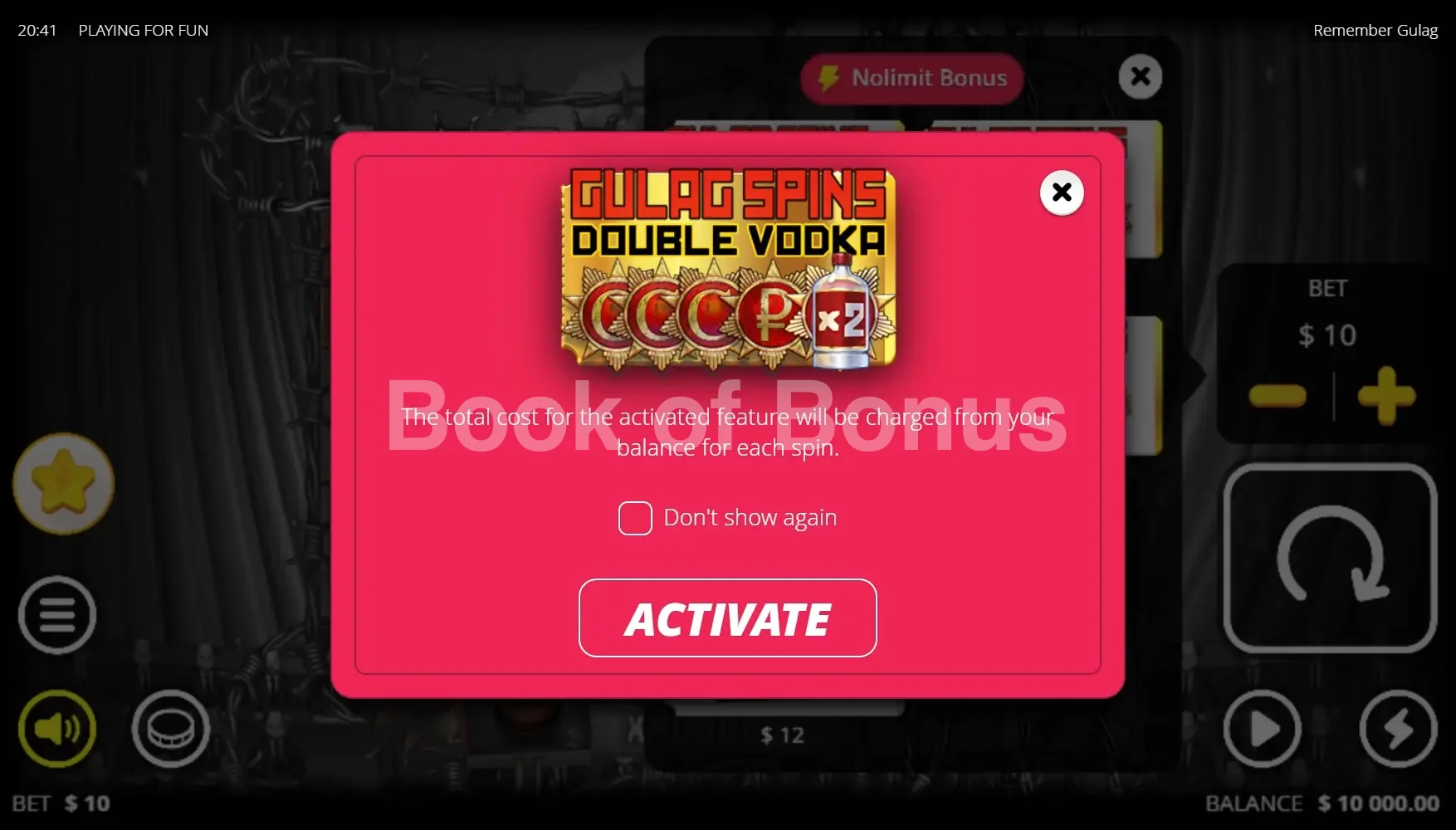 Remember Gulag par Nolimit City - menu d'achat de bonus et options
