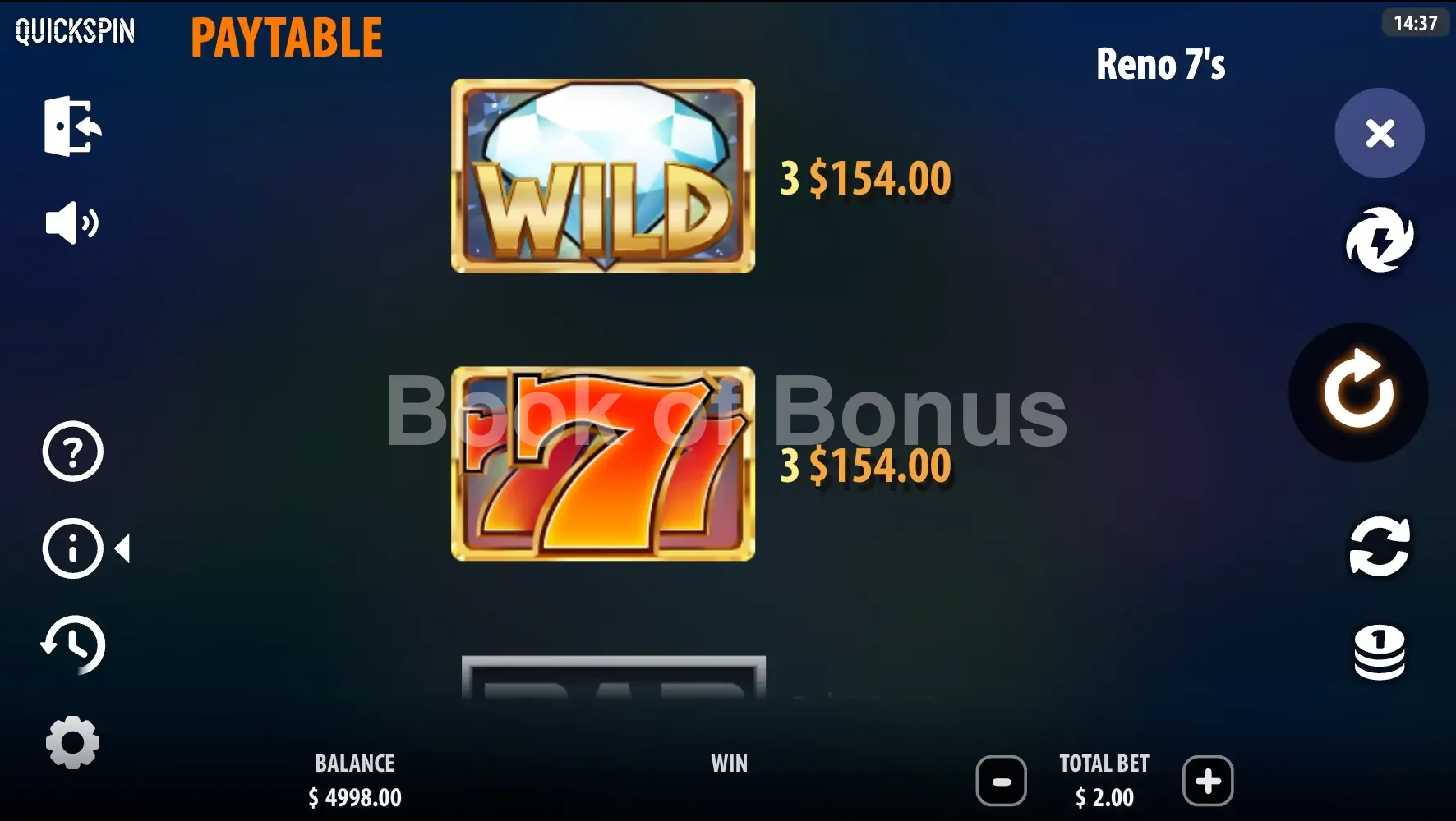 Reno 7's par Quickspin - table des gains et valeurs des symboles