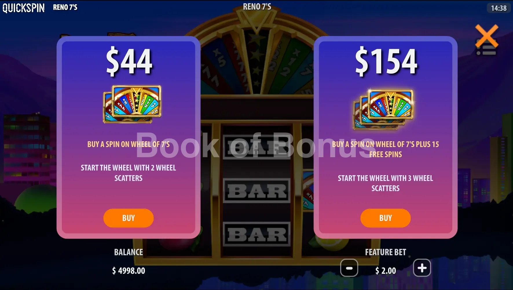 Reno 7's par Quickspin - menu d'achat de bonus et options