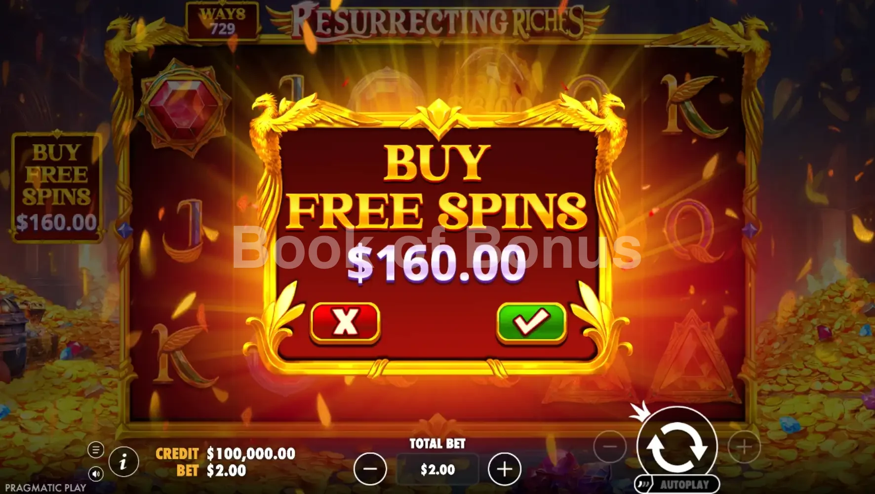 Resurrecting Riches par Pragmatic Play - menu d'achat de bonus et options