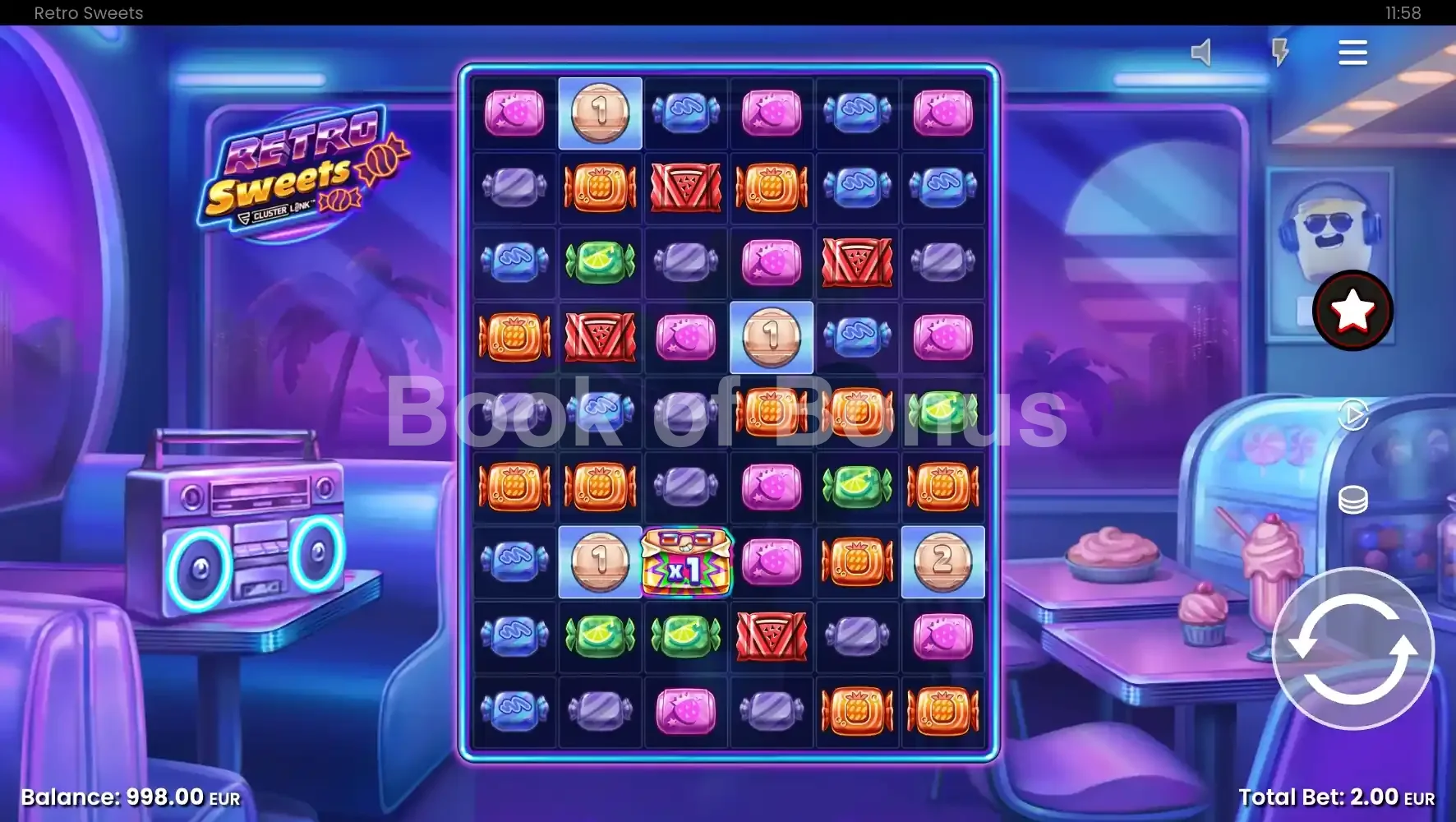 Retro Sweets par Push Gaming - jeu de base et disposition des rouleaux
