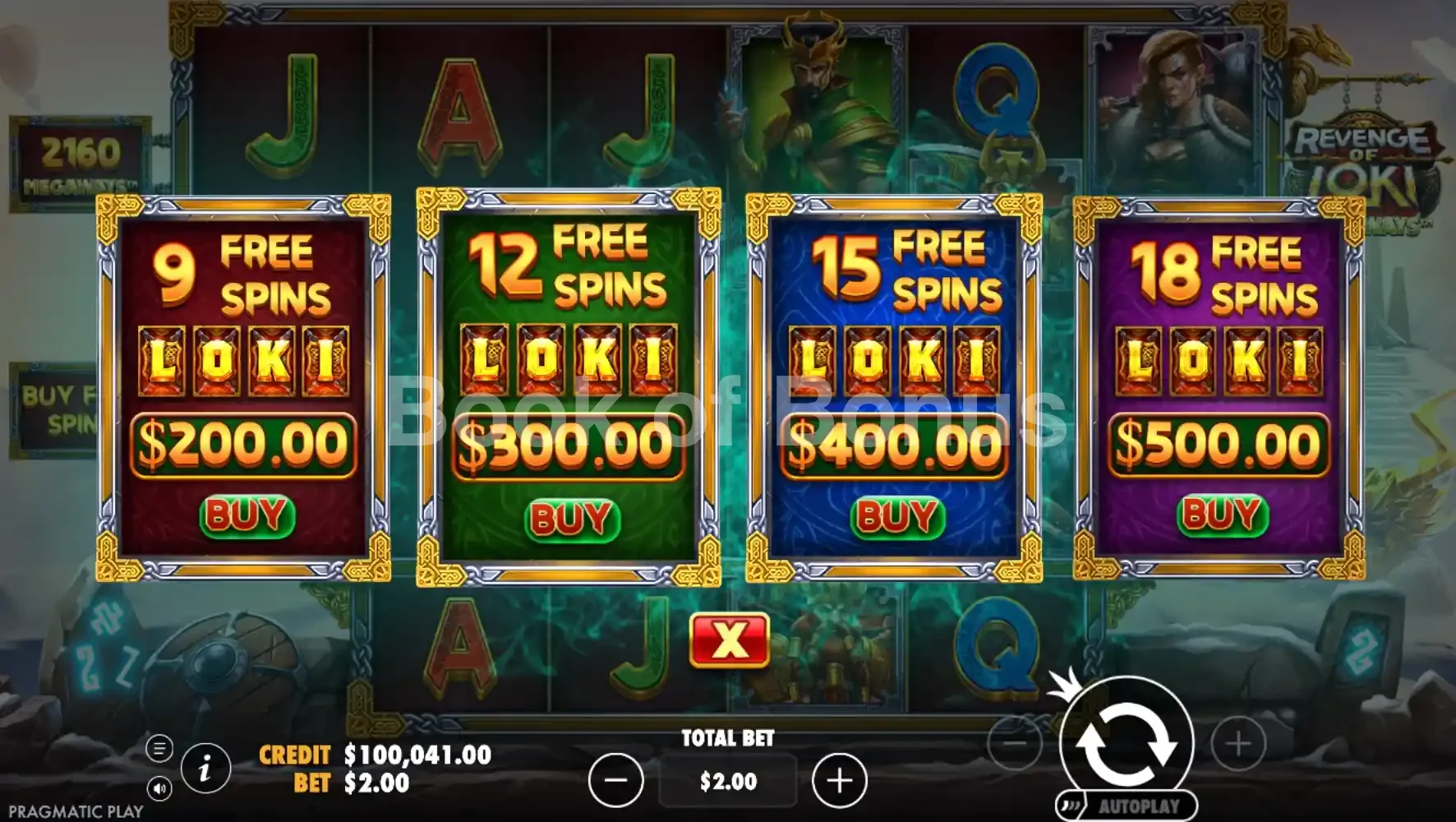 Revenge of Loki Megaways par Pragmatic Play - menu d'achat de bonus et options