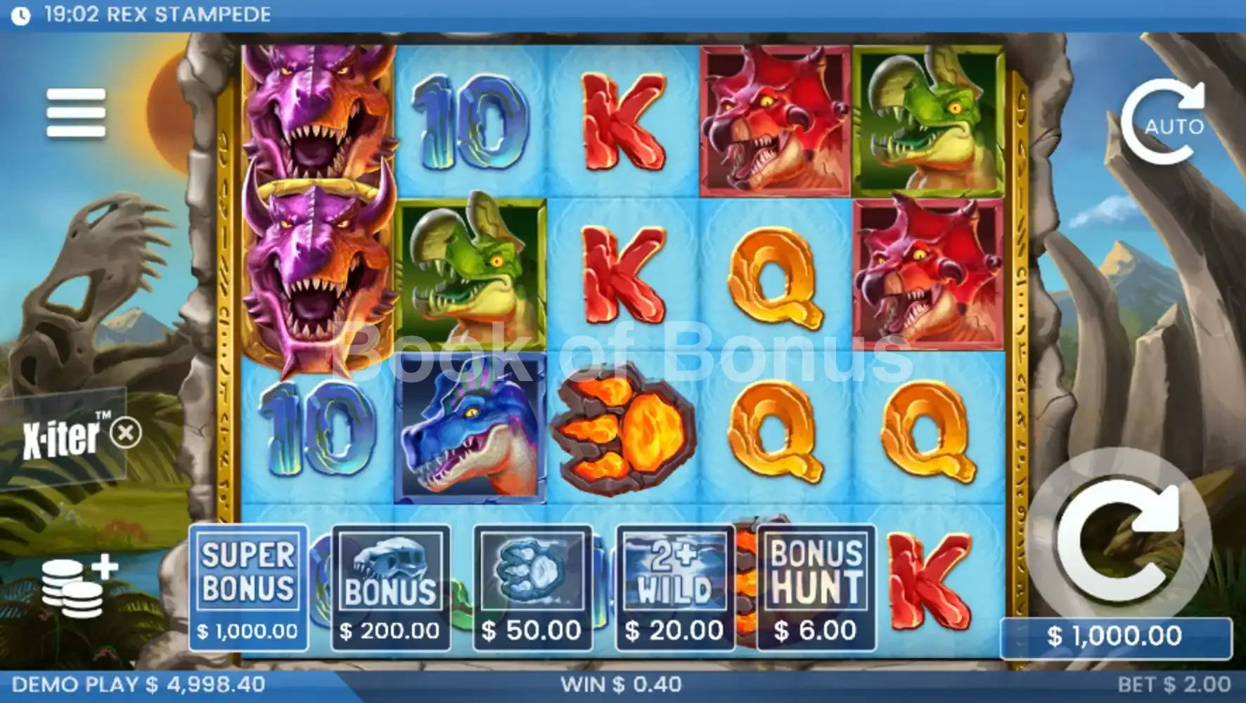 Rex Stampede par ELK Studios - menu d'achat de bonus et options