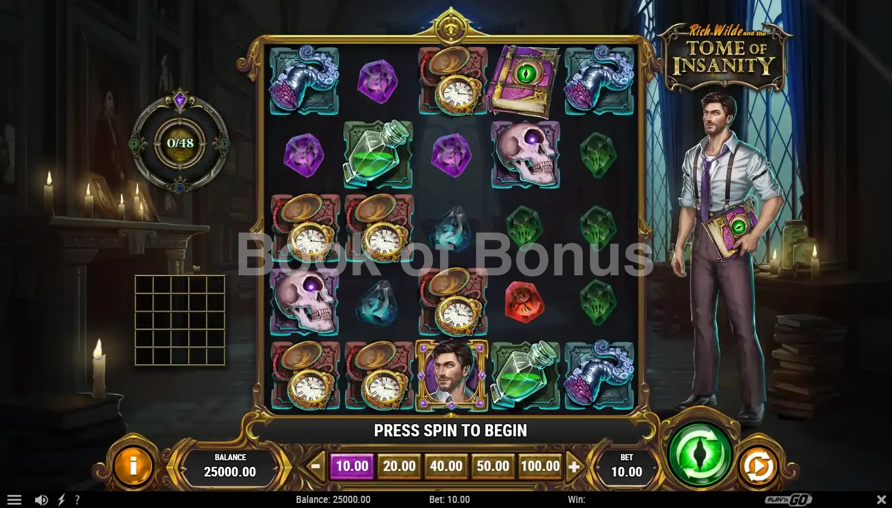 Rich Wilde and the Tome of Insanity par Play'n GO - jeu de base et disposition des rouleaux