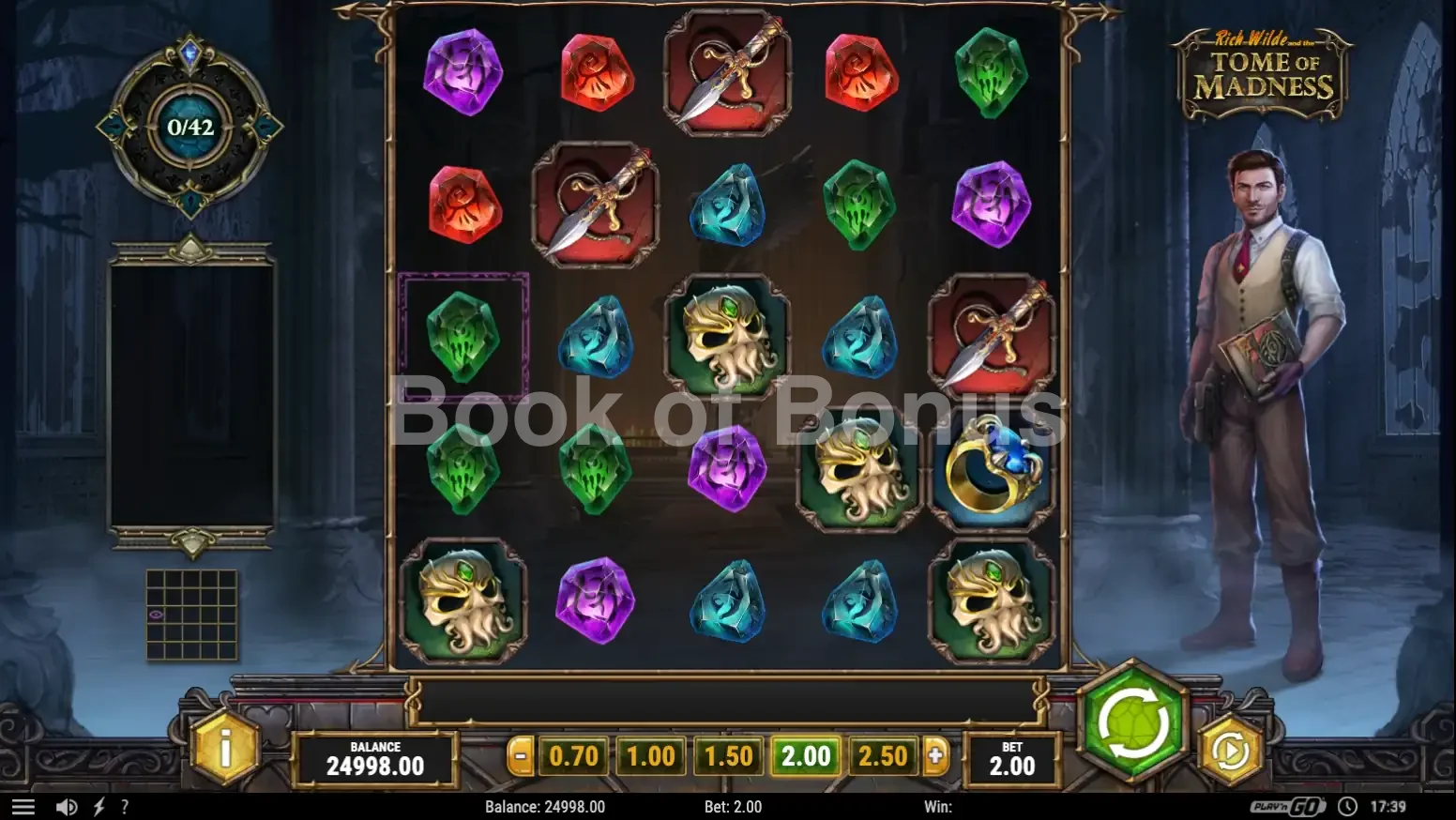 Rich Wilde and the Tome of Madness par Play'n GO - jeu de base et disposition des rouleaux