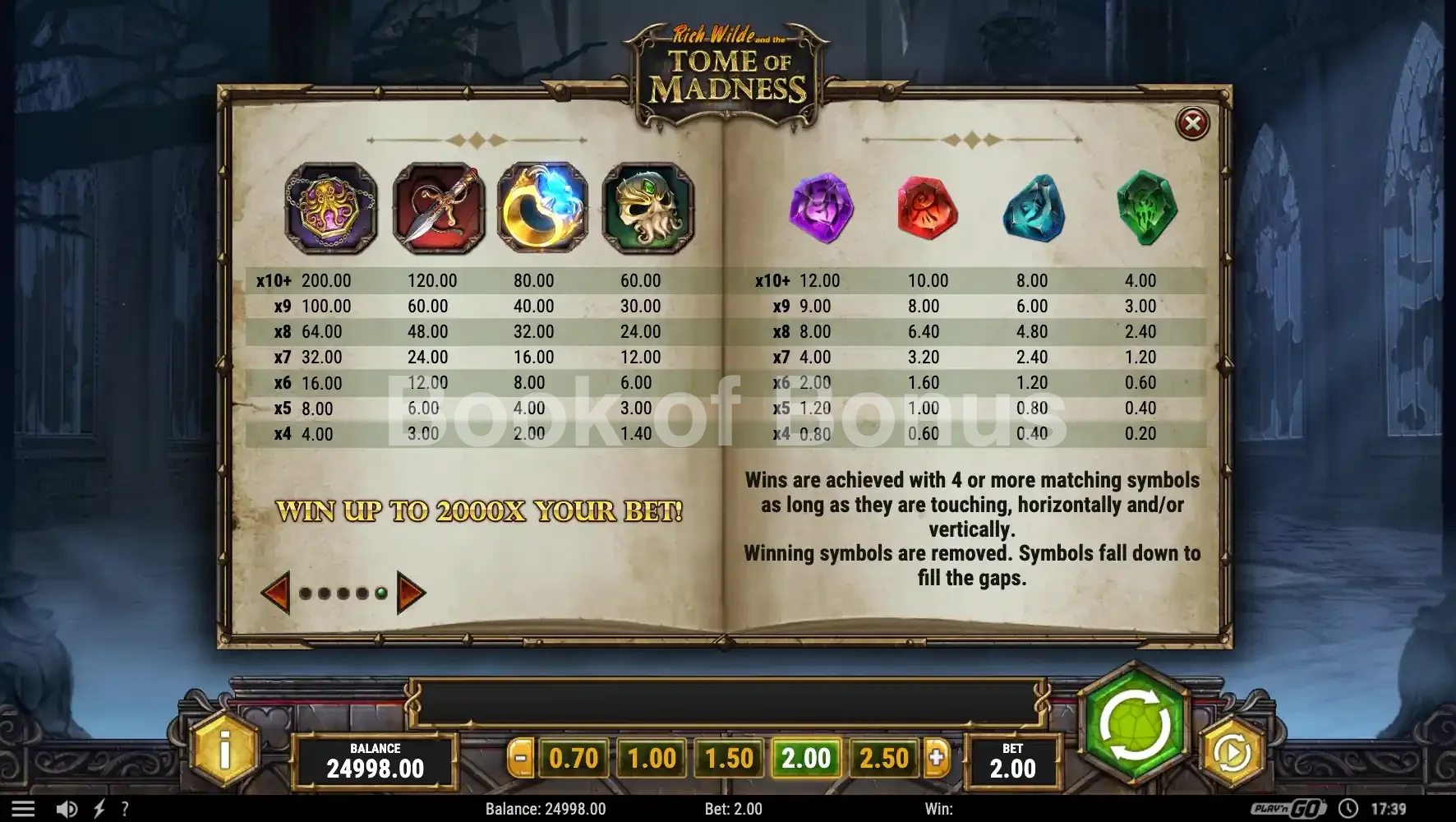 Rich Wilde and the Tome of Madness par Play'n GO - table des gains et valeurs des symboles