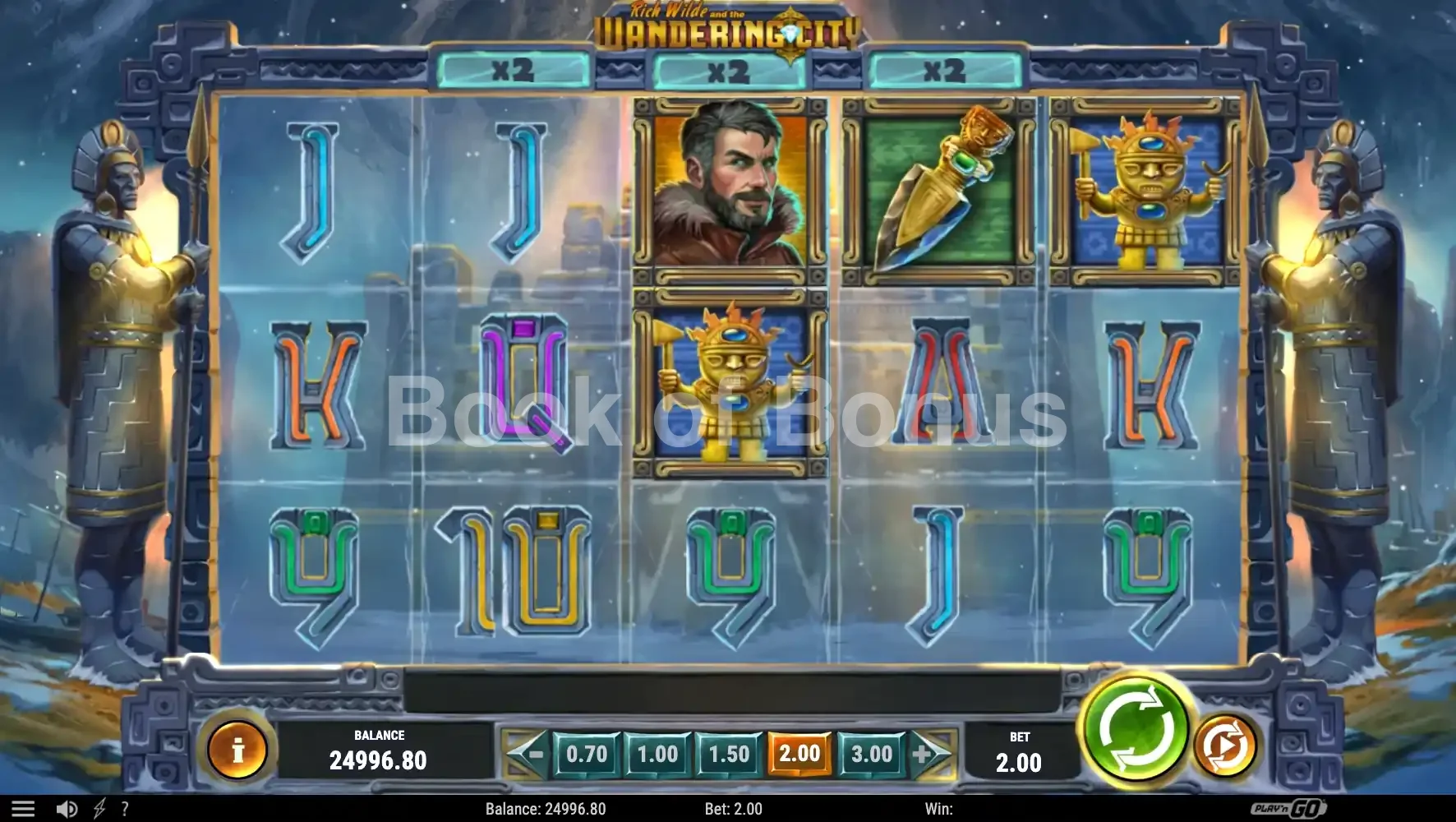 Rich Wilde and the Wandering City par Play'n GO - jeu de base et disposition des rouleaux