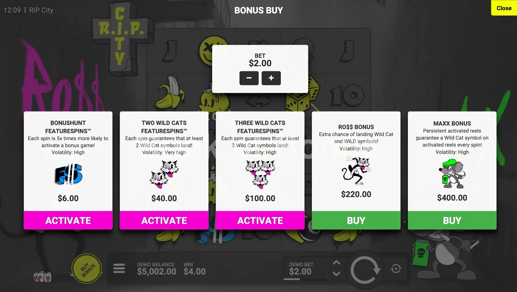 RIP City par Hacksaw Gaming - menu d'achat de bonus et options