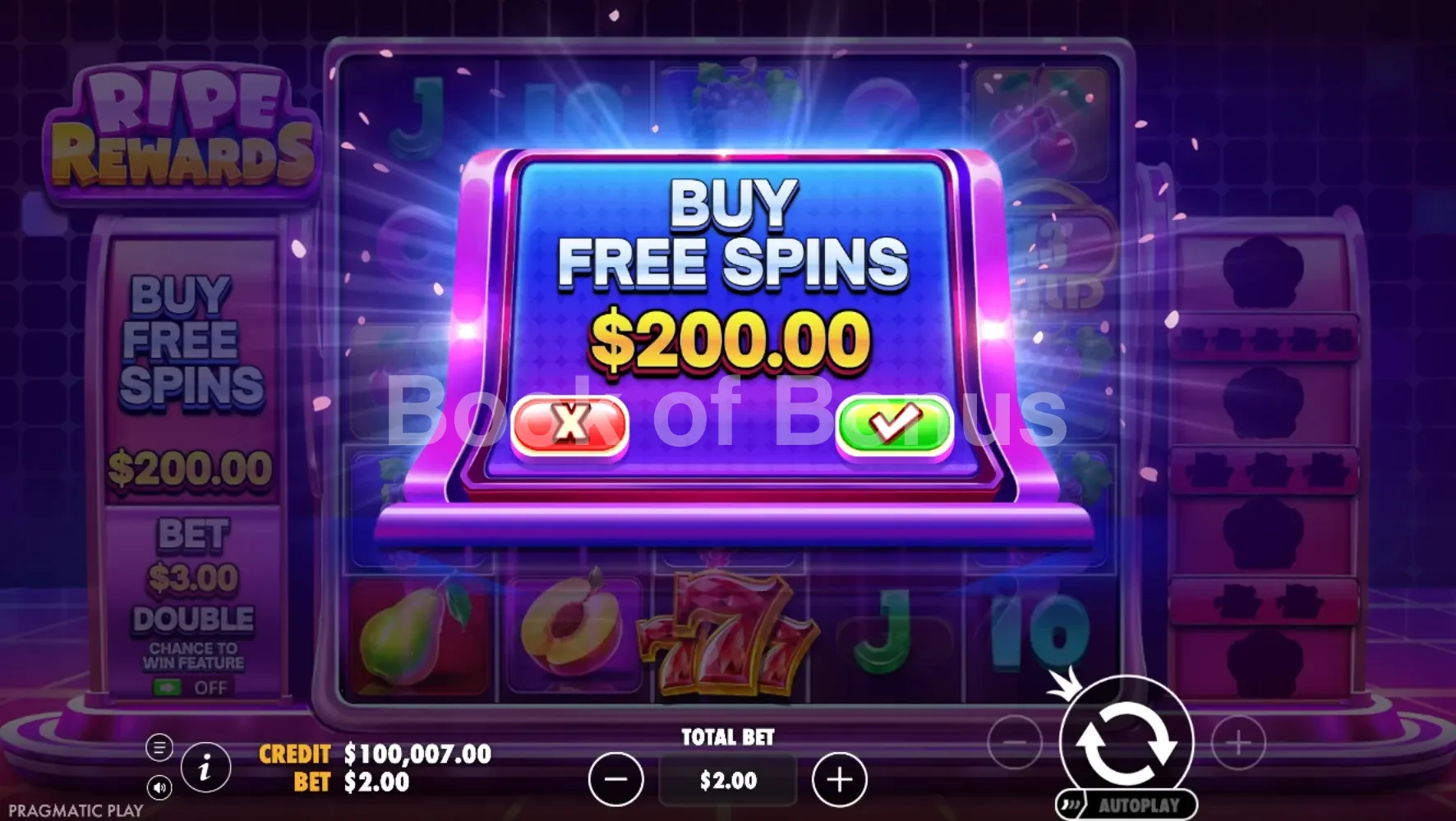 Ripe Rewards par Pragmatic Play - menu d'achat de bonus et options