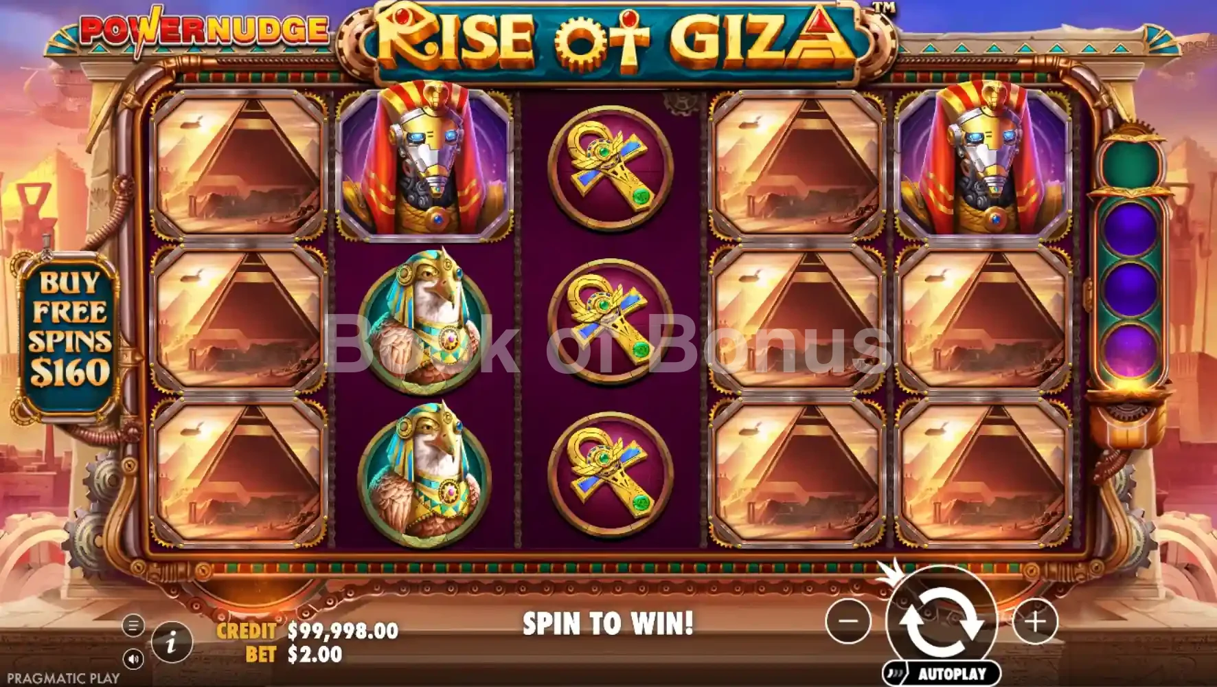 Rise of Giza Powernudge par Pragmatic Play - jeu de base et disposition des rouleaux