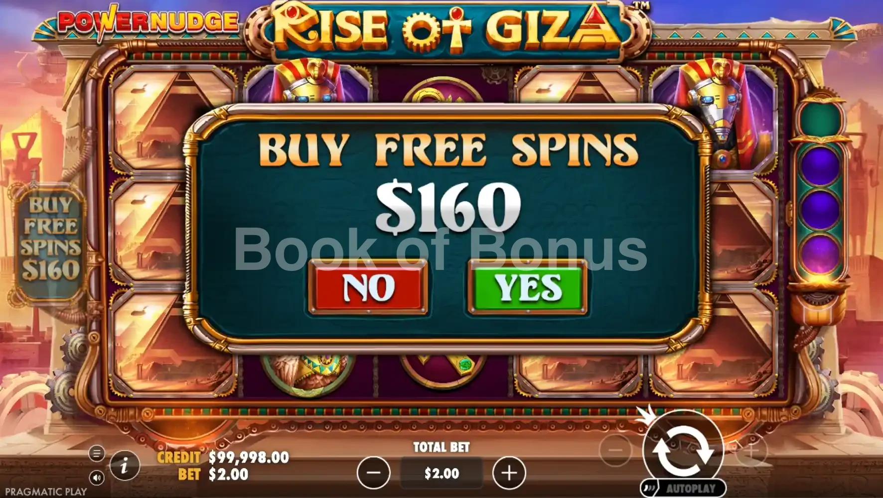 Rise of Giza Powernudge par Pragmatic Play - menu d'achat de bonus et options