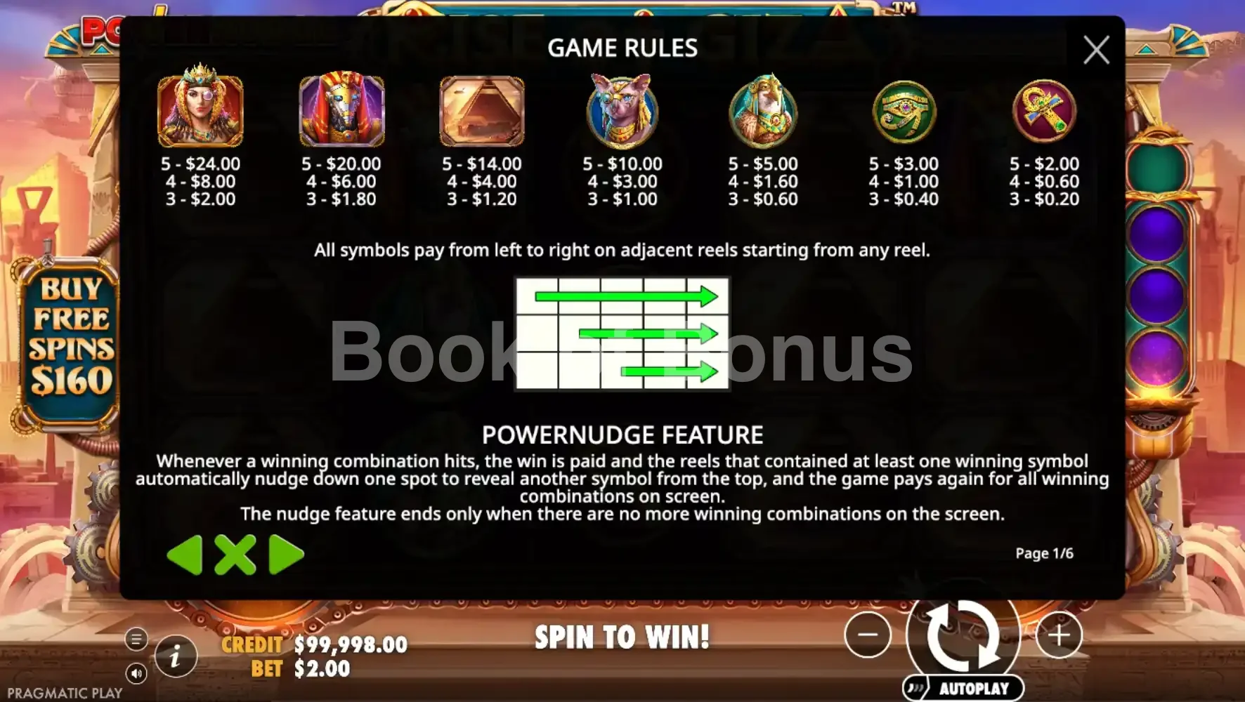 Rise of Giza Powernudge par Pragmatic Play - table des gains et valeurs des symboles