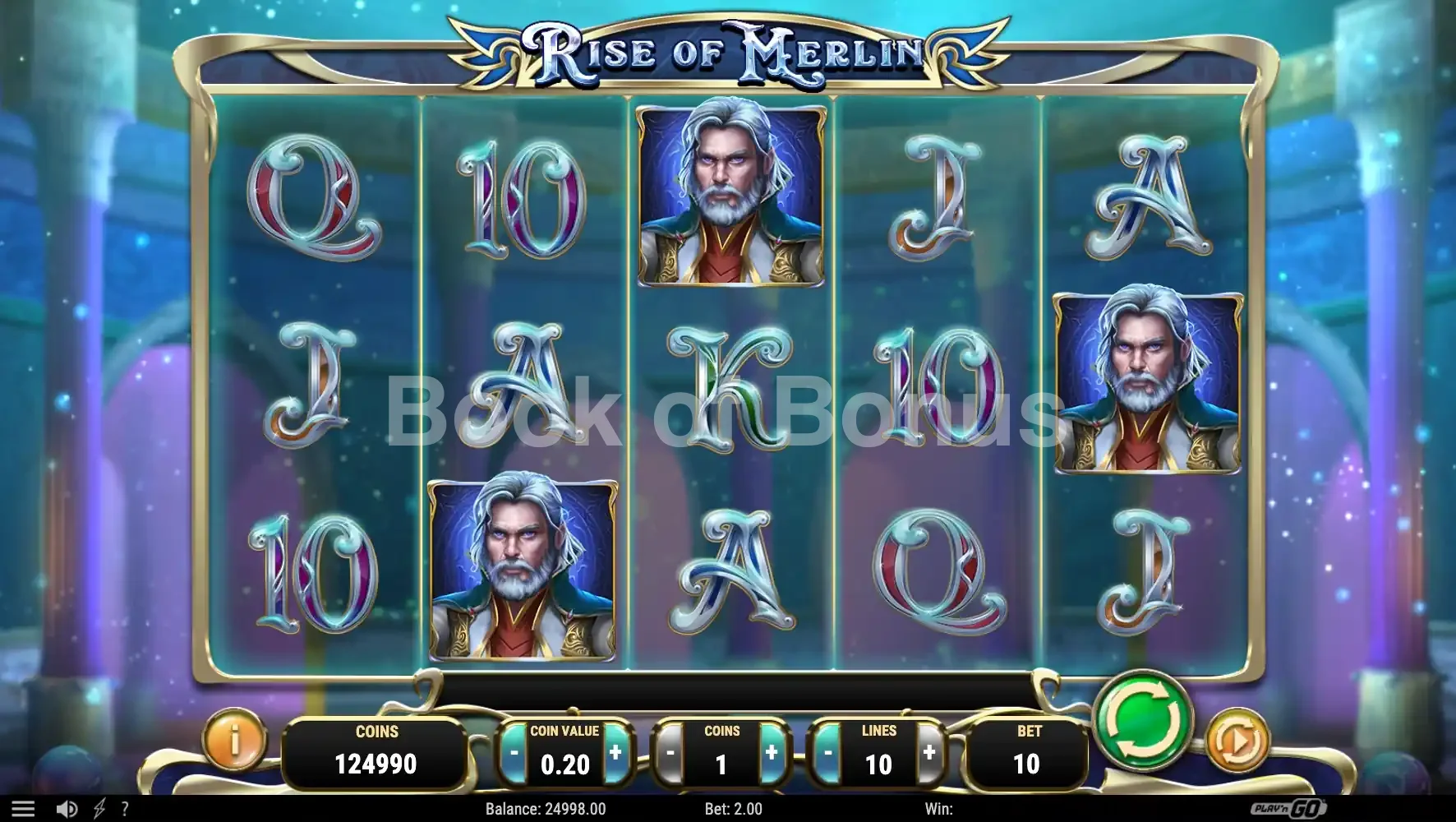 Rise of Merlin par Play'n GO - jeu de base et disposition des rouleaux