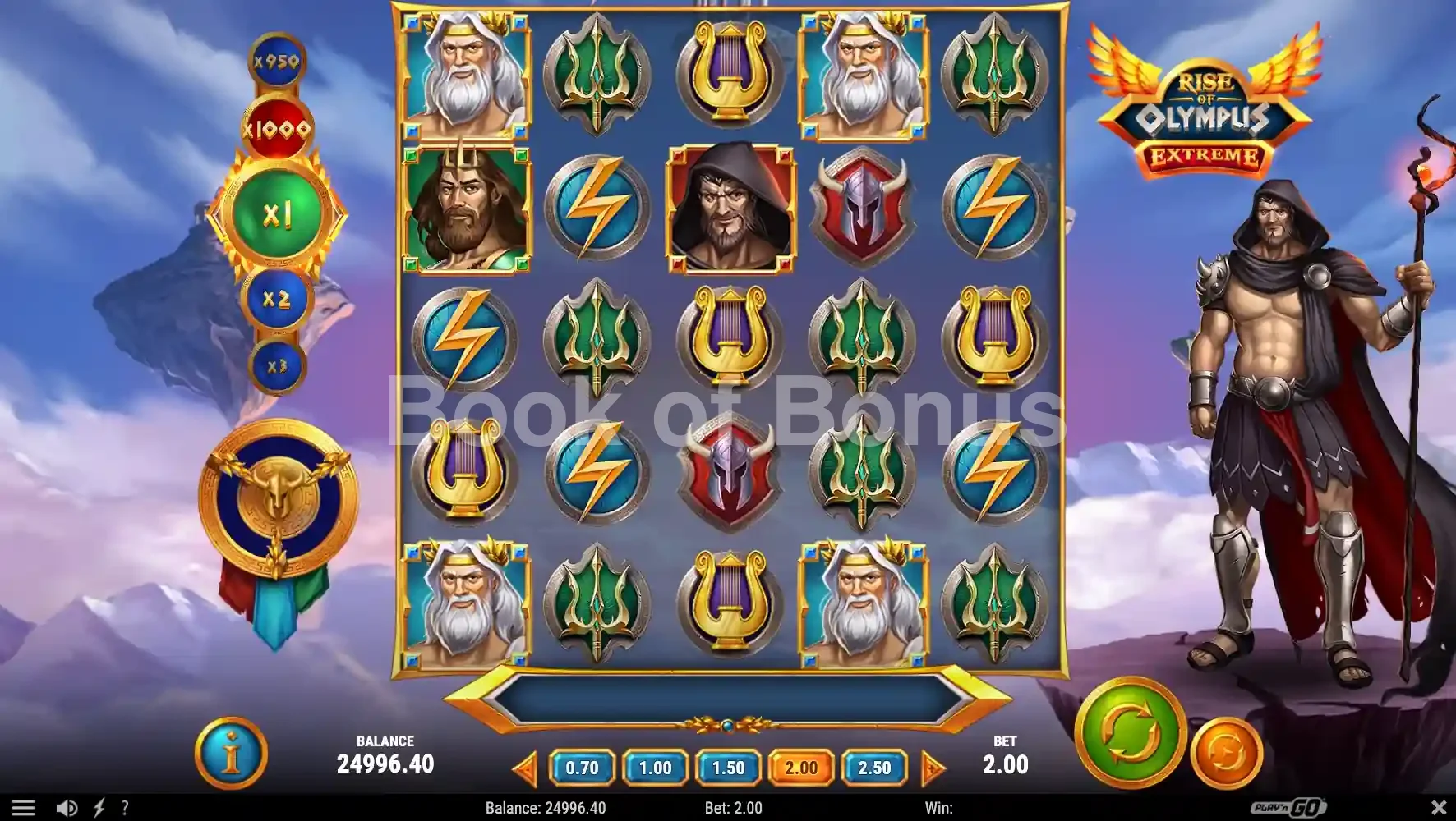 Rise of Olympus Extreme par Play'n GO - jeu de base et disposition des rouleaux